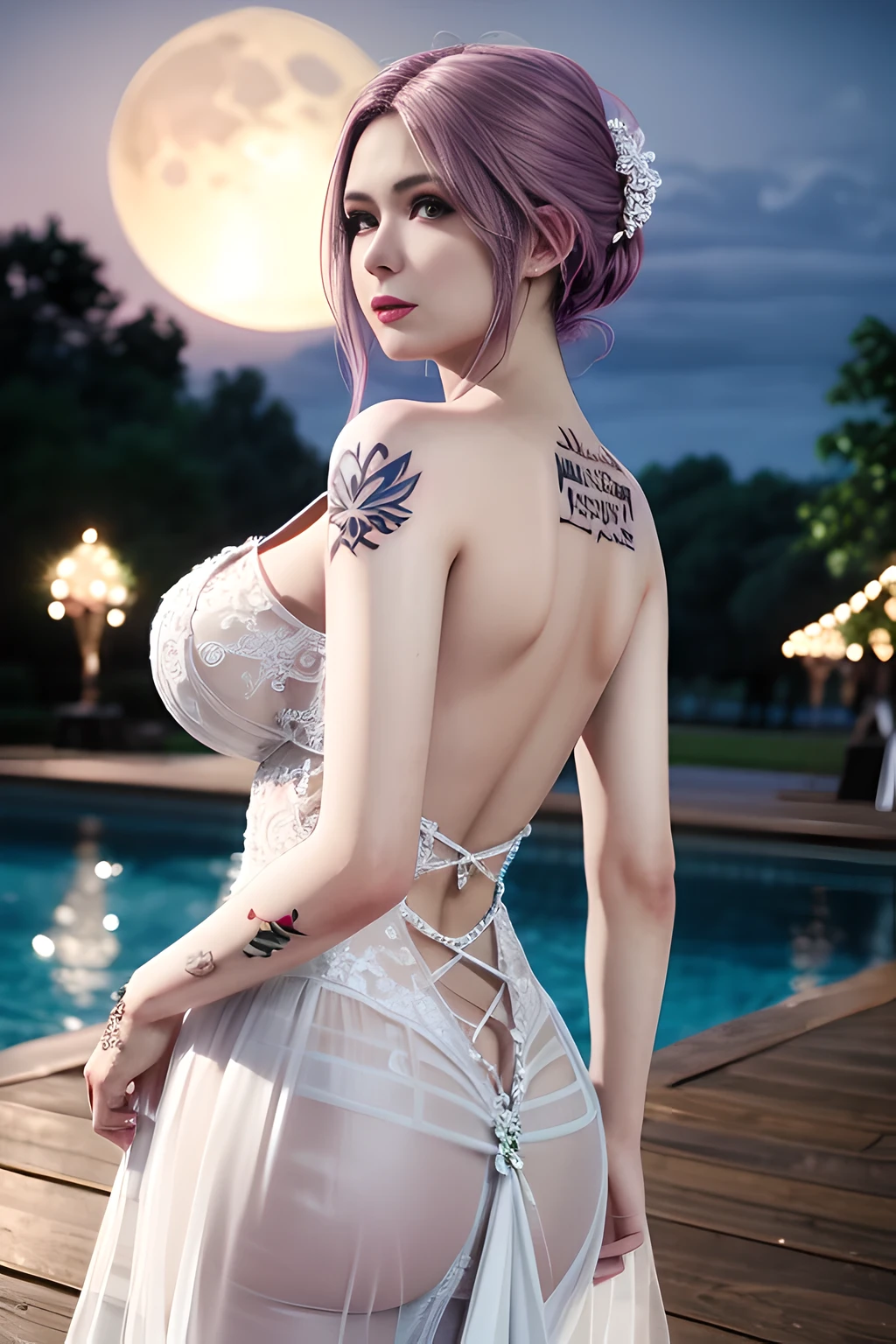 1 girl,standing posture,(( Backless Wedding Dress, see-through)), outdoor,elegant,nighttime,moonlighe,shiny skin,( huge breasts:1.1), lip gloss,( tattoos:1.3), masterpiece, best quality, realistic ,Surrealism,,Rich artistic colors, 8K,soft shadows,Portrait art,solo, elise,