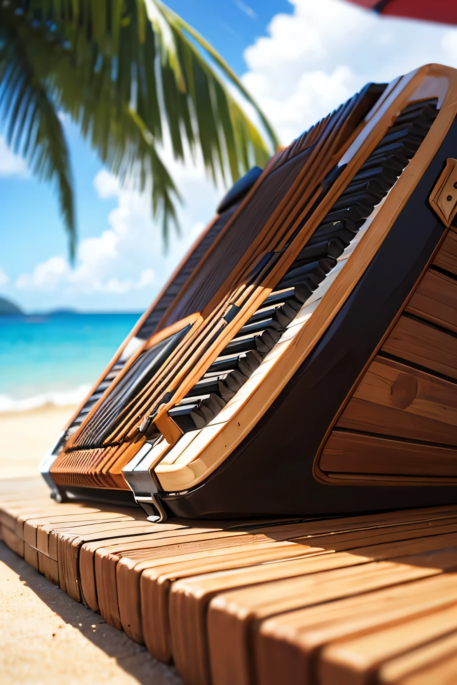 brown accordion on a table, on a Brazilian beach, sunny sky, high quality image with lots of details, slightly blurred background, main focus on the accordion