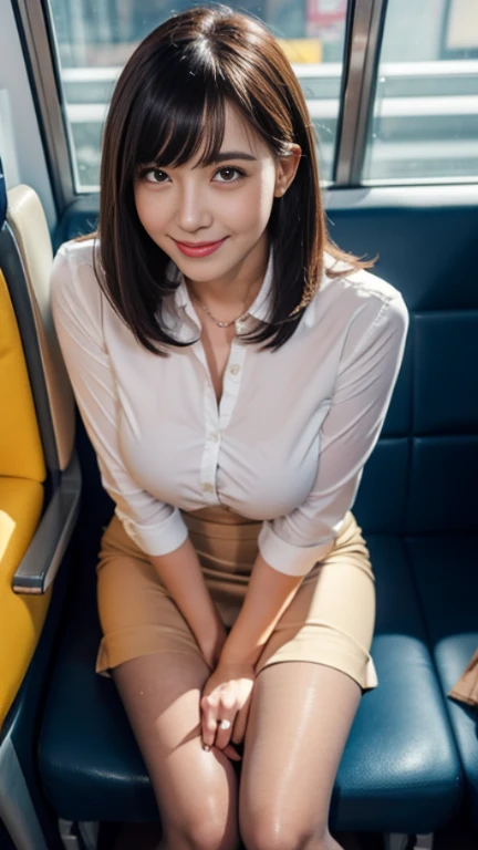 1 female, thighs, sitting on the train, office lady, realistic, Raw photo, white shirt, pencil skirt, pantyhose, pumps, medium hair, bangs, looking at the viewer, highest quality, 8K、big breasts, (fold your arms),smile、A big smile、