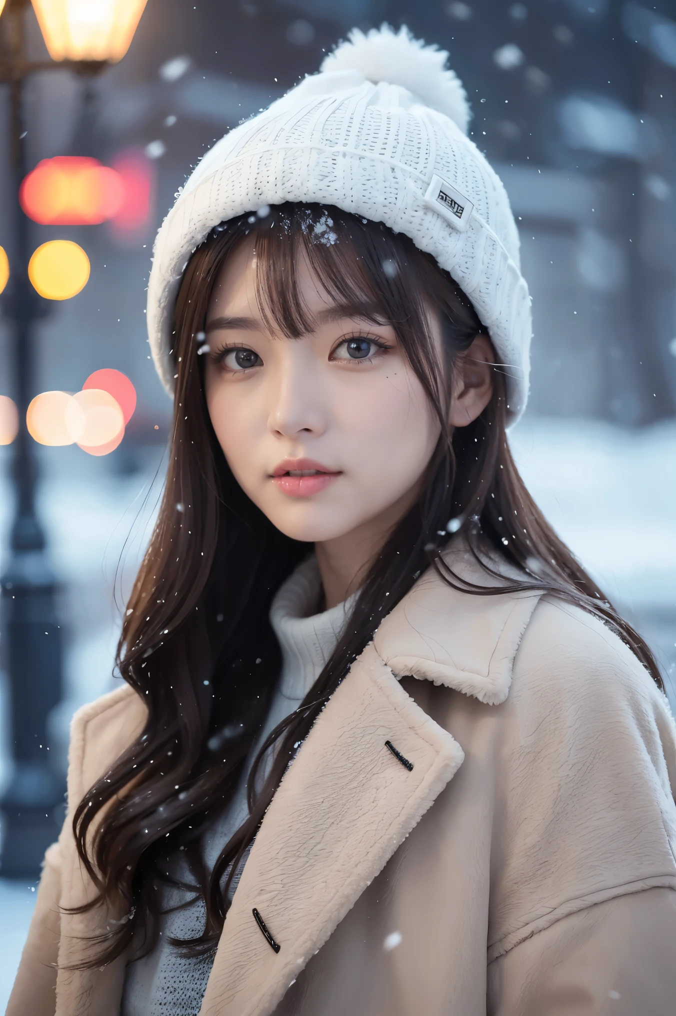 (table top、highest quality、8K、Award-winning work、ultra high resolution)、one beautiful woman、(A large, thick, elegant fur coat:1.3)、(Light brown thick fur coat:1.1)、(knit hat:1.1)、(A lot of fluffy fur:1.2)、(close up of face:1.1)、perfect fit、brown hair、epic movie lighting、(The most romantic and moody atmosphere:1.1)、winter、(snow scene:1.1)、It's snowing、(Walking in the snow in Northern Europe:1.2)、look at me、blurred background、accurate anatomy、Ultra HD Hair、ultra high resolutionの完璧な美しい歯、Ultra-high definition beauty face、Ultra HD Hair、ultra high resolutionの輝く瞳、輝くultra high resolutionの美肌、ultra high resolutionの艶やかな唇、(close up of face:1.1)