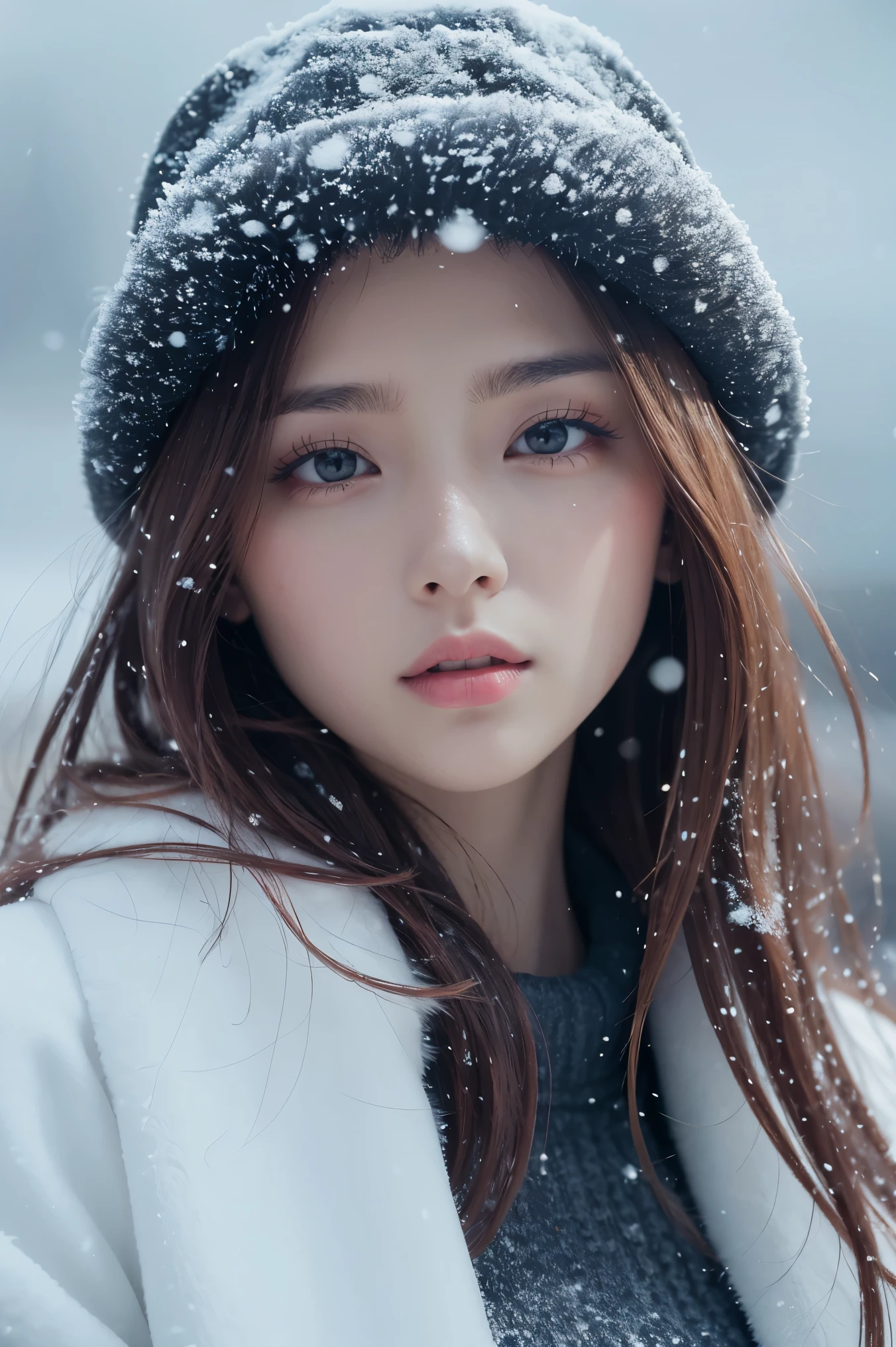 (table top、highest quality、8K、Award-winning work、ultra high resolution)、one beautiful woman、(A large, thick, elegant fur coat:1.3)、(white fur coat:1.1)、(A lot of fluffy fur:1.2)、(close up of face:1.1)、perfect fit、brown hair、short hair、epic movie lighting、(The most romantic and moody atmosphere:1.1)、winter、(snow scene:1.1)、It&#39;s snowing、(Walking in the snow in Northern Europe:1.2)、look at me、blurred background、accurate anatomy、Ultra HD Hair、ultra high resolutionの完璧な美しい歯、Ultra-high definition beauty face、Ultra HD Hair、ultra high resolutionの輝く瞳、輝くultra high resolutionの美肌、ultra high resolutionの艶やかな唇、(close up of face:1.1)