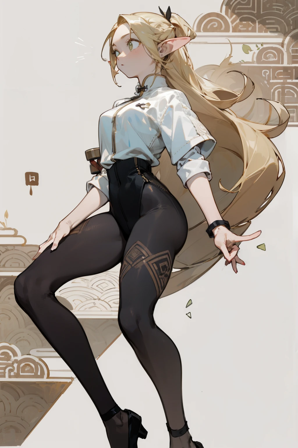 (masterpiece, best quality) detailed, Wearing black tights, silver accessories , The zipper is not closed , Blonde ,elegant, Pointed ears ,whole body,Chinese element pattern,thigh,漏出thigh,White shirt