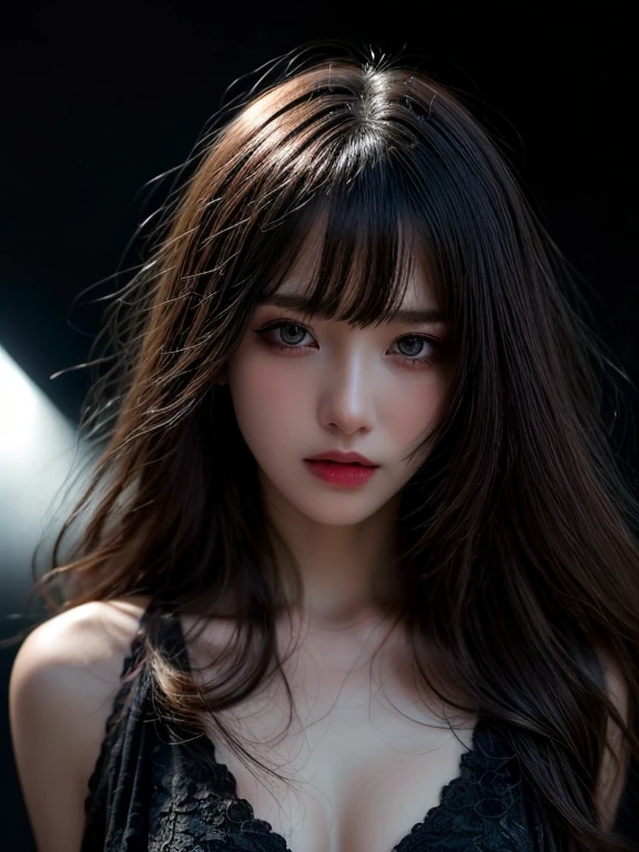 highest quality, masterpiece, ultra high resolution, (realistic:1.5), Raw photo, 1 girl, Elegant dress 1.5,Black Dress 1.5(( in the dark, deep shadow, private key)), cold light, sexy look, small breasts、long hair