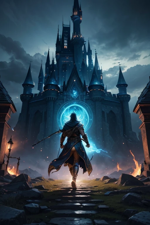 (best quality,highres,realistic:1.2),A warrior emerging from a magical portal, releasing particles and heading towards a castle, vibrant colors, intense lighting, intricate details, fantastical atmosphere, enchanting scenery, mystical vibes, captivating composition, breathtaking visual impact, epic fantasy art, dynamic action-packed scene, grandiose architecture, surreal elements, majestic presence, hero's journey, magical adventure.