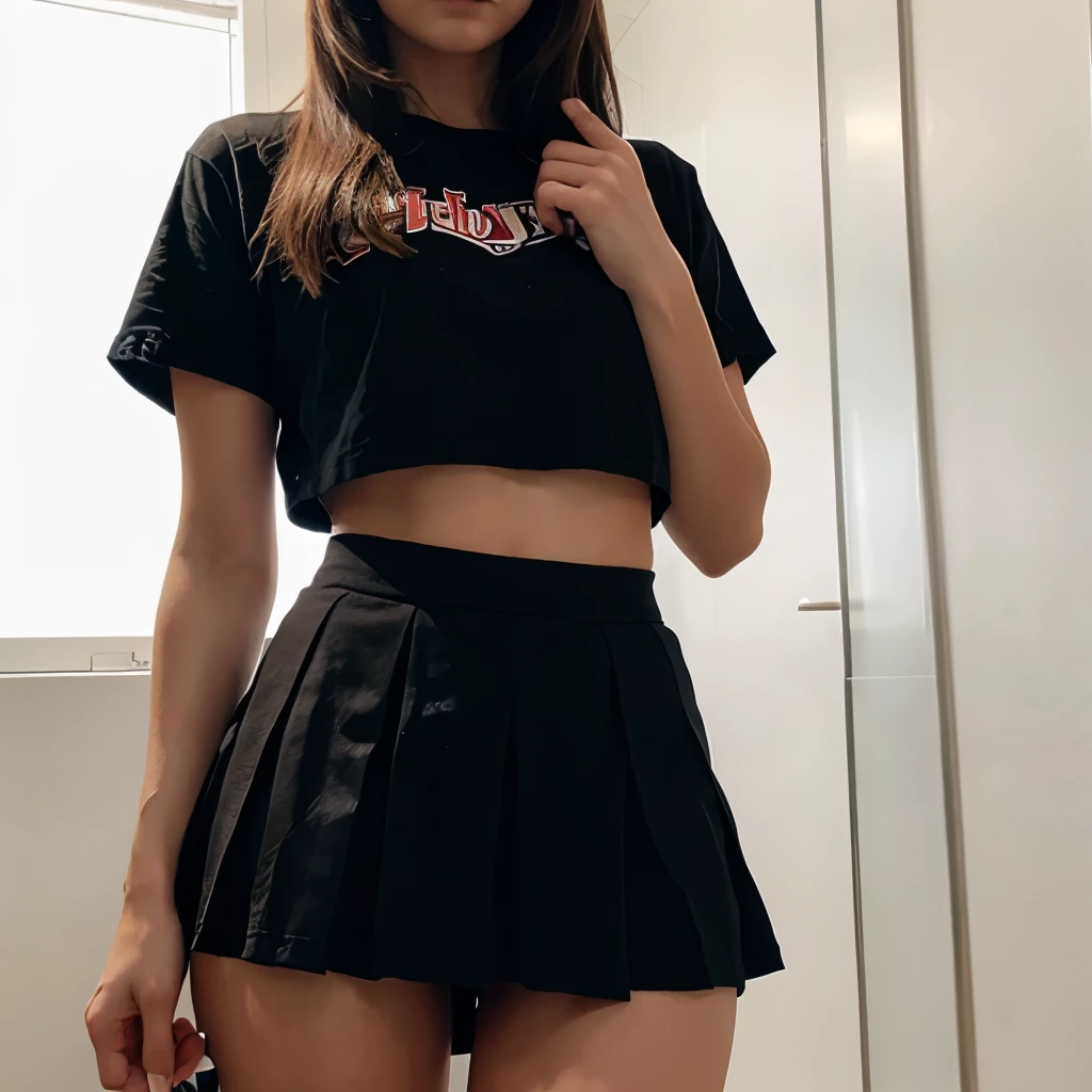 Woman about 25 years old is wearing a short skirt and a short t-shirt +18