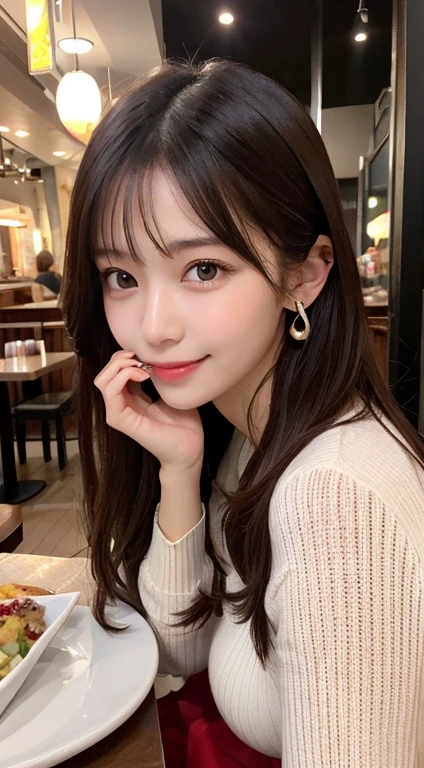 table top, highest quality, figure, Super detailed, small details, High resolution, 8k wallpaper, eating at a restaurant, smile,Harajuku、20 year old girl、cute、detailed eyes looking at camera, natural lip, earrings、Long hair with a slight wave、red knit dress , big breasts,