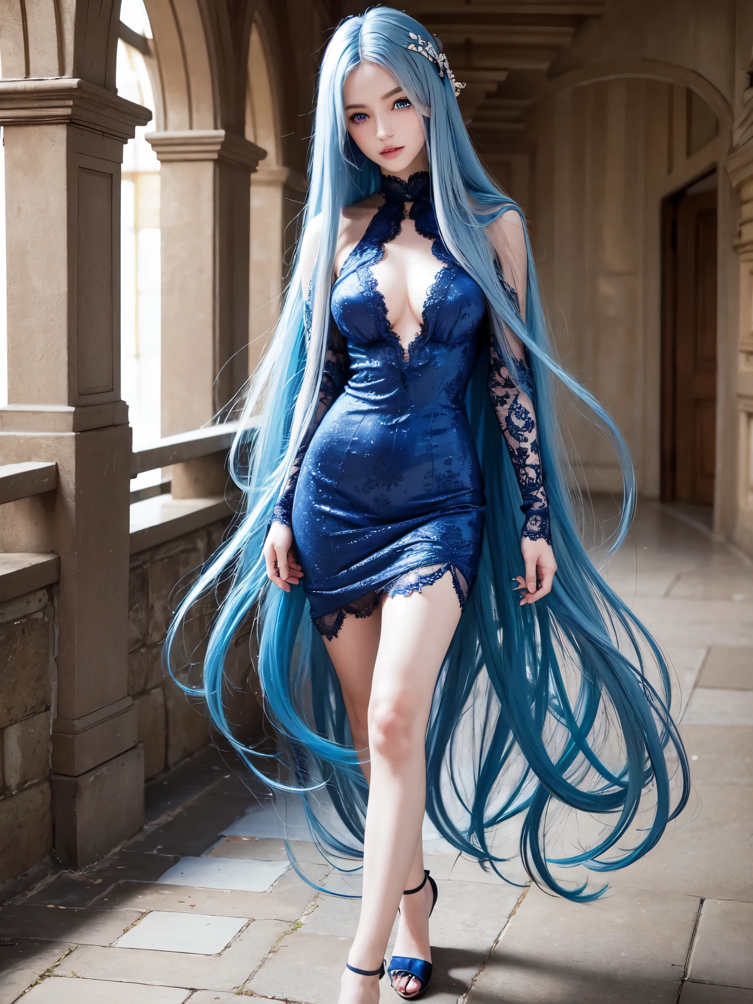 masterpiece, best quality, beautiful young woman, big shiny blue eyes, (detailed pupils:1.2), eyelash, very long blue hair, streaked hair, medium hair, perfect face, detailed, cobalt lace dress, full body, full body view