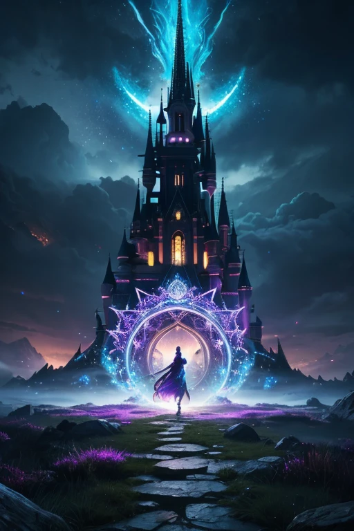 (best quality,highres,realistic:1.2),A warrior emerging from a magical portal, releasing particles and heading towards a castle, vibrant colors, intense lighting, intricate details, fantastical atmosphere, enchanting scenery, mystical vibes, captivating composition, breathtaking visual impact, epic fantasy art, dynamic action-packed scene, grandiose architecture, surreal elements, majestic presence, hero's journey, magical adventure.