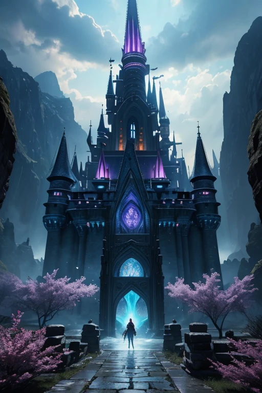(best quality,highres,realistic:1.2),A warrior emerging from a magical portal, releasing particles and heading towards a castle, vibrant colors, intense lighting, intricate details, fantastical atmosphere, enchanting scenery, mystical vibes, captivating composition, breathtaking visual impact, epic fantasy art, dynamic action-packed scene, grandiose architecture, surreal elements, majestic presence, hero's journey, magical adventure.