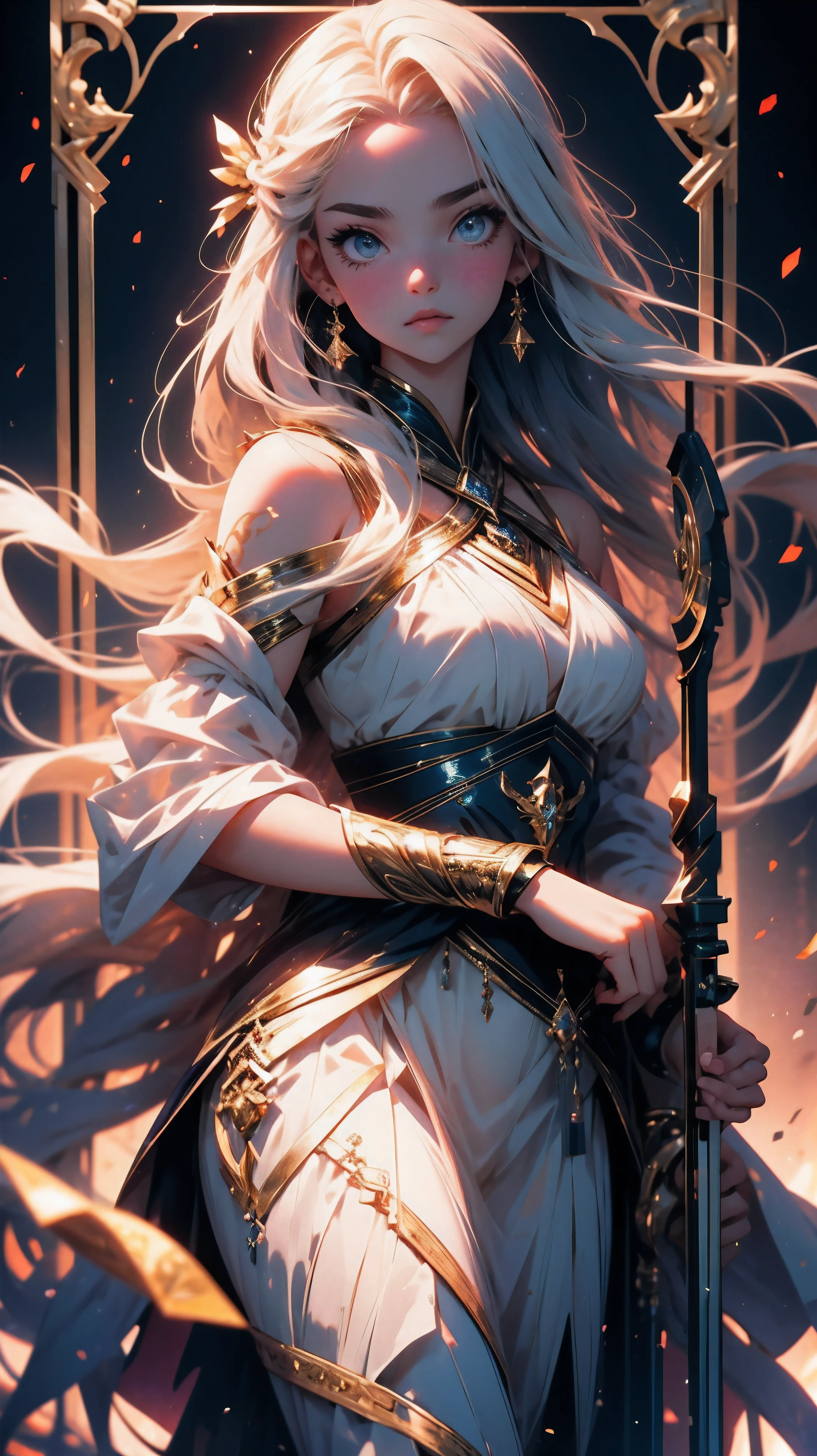 a goddess of wisdom, mature look, Toning the body, white skin, fine face, (Glowing clothing masterpiece:1.4), pure white fabric strapless tube top dress, luminous golden belt, luminous Golden arm Armor, golden leg armor, high detail armor, (a glowing sword-shaped figure appears on the back:1.5), (The left hand holds a glowing book:1.6), (((glowing beige white hair streaked luminous yellow hair))), (single sidelock short wavy hair), (hair strand), shiny hair, (((colored eyelashes and eyebrows))), (glowing yellow gradient amber eyes:1.2), (an upright golden eye on the forehead:1.4), some clouds swirling float behind shoulders, (((some floating luminous characters surround))), Detailed background, Detailed book, god rays, ray tracing, reflection light, sparkle, motion blur, perfect layer cut, perfect layer transition, (/full body/side view/back view with face back), glowing light, UHD, perfect CG, CG unity, anime, masterpiece, super detail, best quality, retina, ccurate, Octane Render