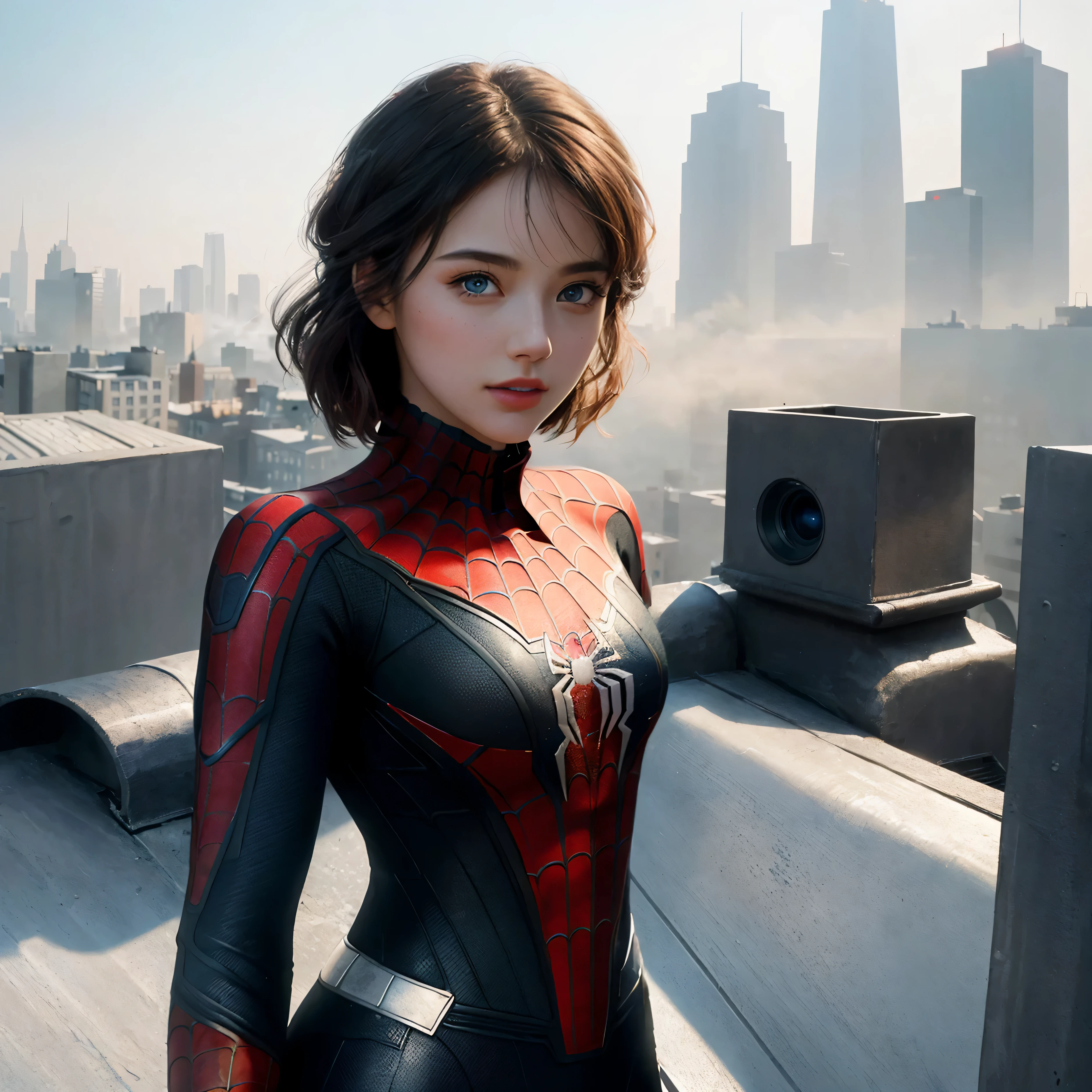(1girl:1.3), Solo, (((Very detailed face)))), ((Very detailed eyes and face)))), Beautiful detail eyes, Body parts__, Official art, Unified 8k wallpaper, Super detailed, beautiful and beautiful, beautiful, masterpiece, best quality, original, masterpiece, super fine photo, best quality, super high resolution, realistic realism, sunlight, full body portrait, amazing beauty, dynamic pose, delicate face, vibrant eyes, (from the front), She wears Spider-Man suit, red and black color scheme, spider, very detailed city roof background, rooftop, overlooking the city, detailed face, detailed complex busy background, messy, gorgeous, milky white, highly detailed skin, realistic skin details, visible pores, clear focus, volumetric fog, 8k uhd, DSLR, high quality, film grain, fair skin, photo realism, lomography, futuristic dystopian megalopolis, translucent