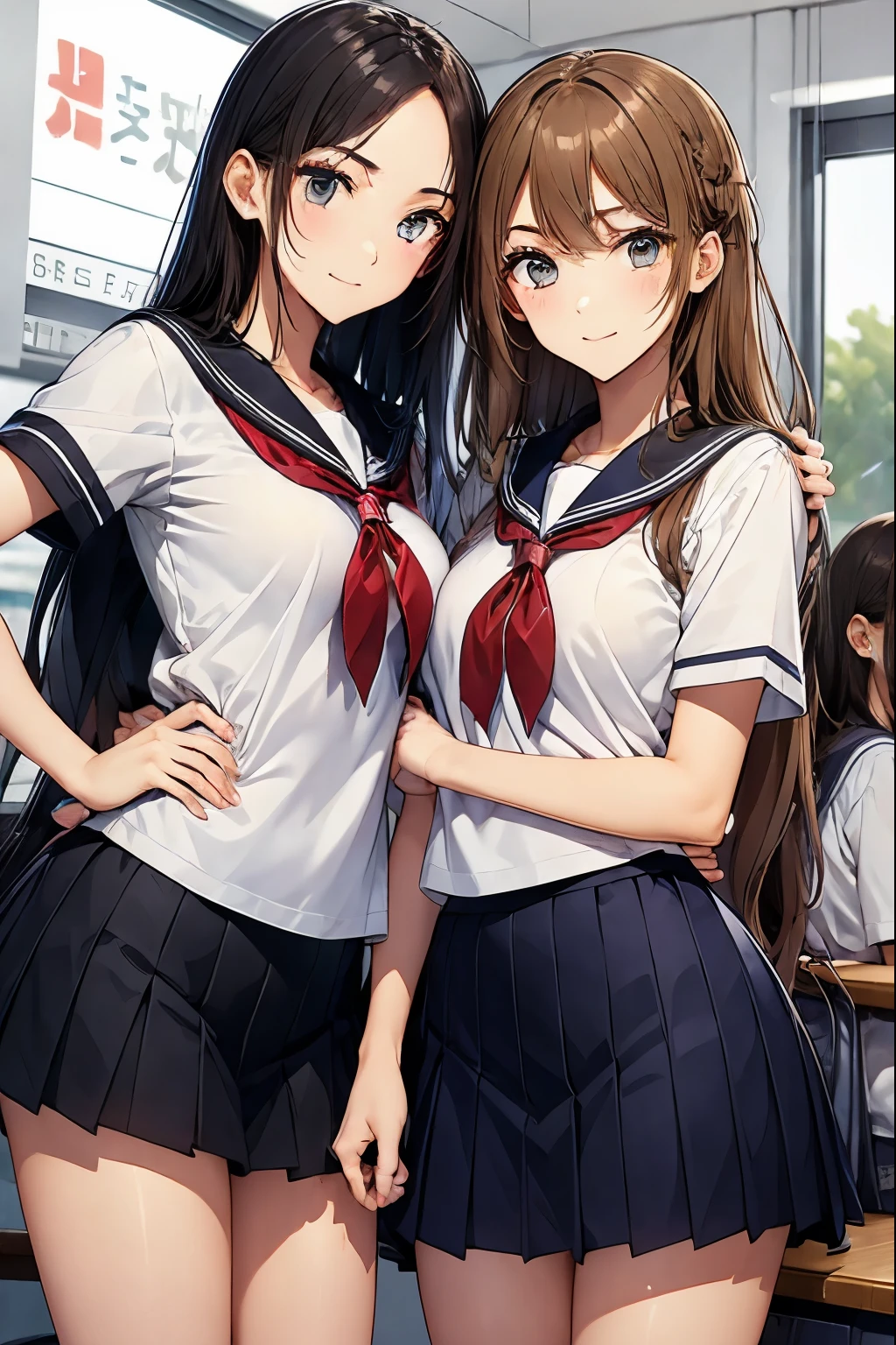 High school girls standing with their arms around each other in the classroom、seductive smile、