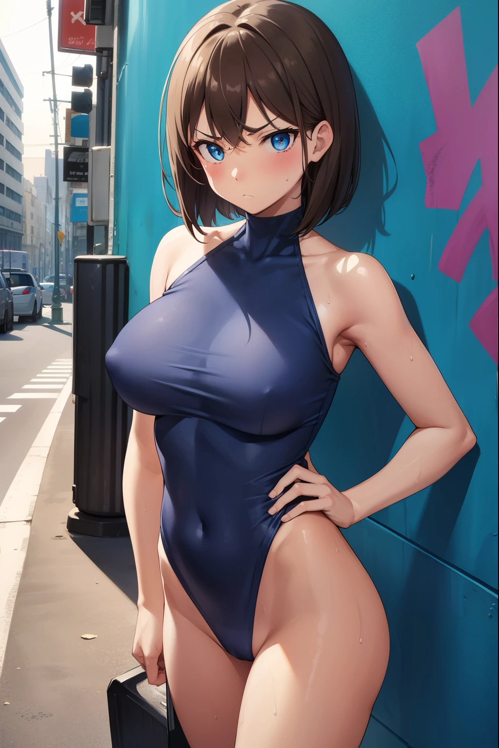 1 girl,Blue leotard,Super High Leg Cut,blue eyes,serious face,brown hair,bob hair,New York City,big breasts,blush,Sweat,barefoot,bare hands,thin,walk,embarrassing,put your hands on your hips,Are standing,Alley,Graffiti on the wall,Litter scattered,dark,Garbage can,cardboard,cowboy shot