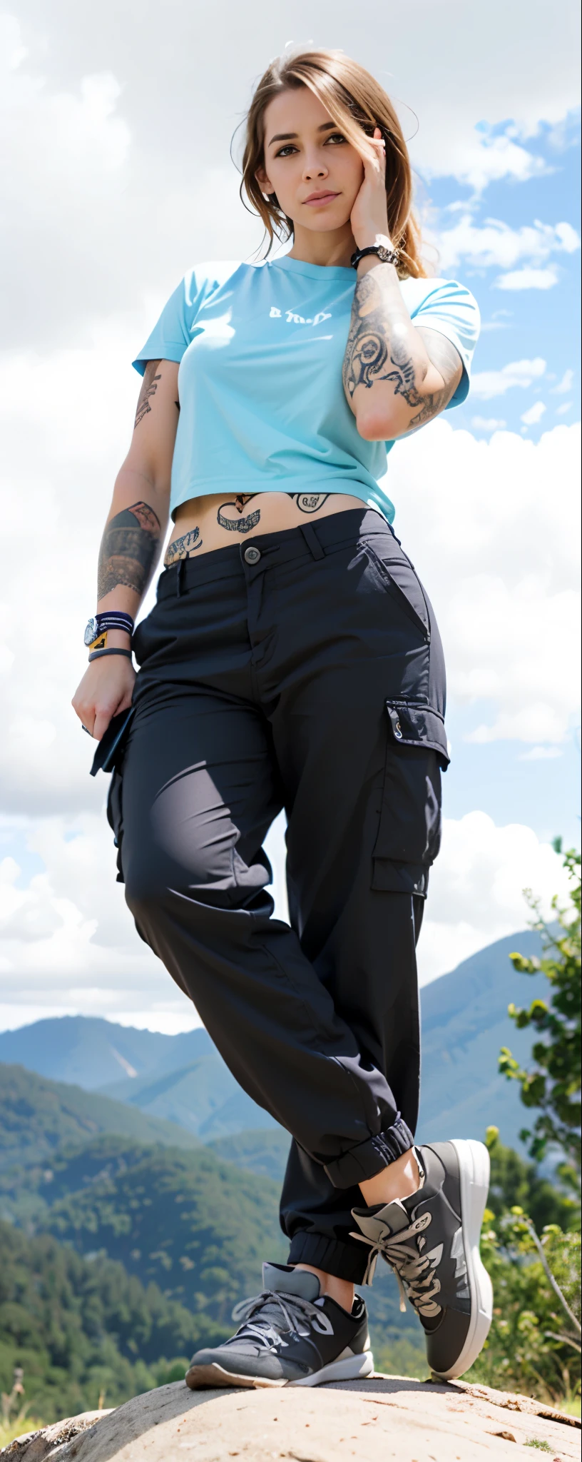 fit woman with tattoos on her arms and arms standing on a rock, 2 technological clothing women, photograph of a technological clothing woman, cargo pants. Cidade ciberpunk, technological clothing!! intrincado, Wide black pants, cargo pants, technological clothing fashion, technological clothing, technological clothing clothes, zirconium pants, Loose pants, technological clothing look and clothes