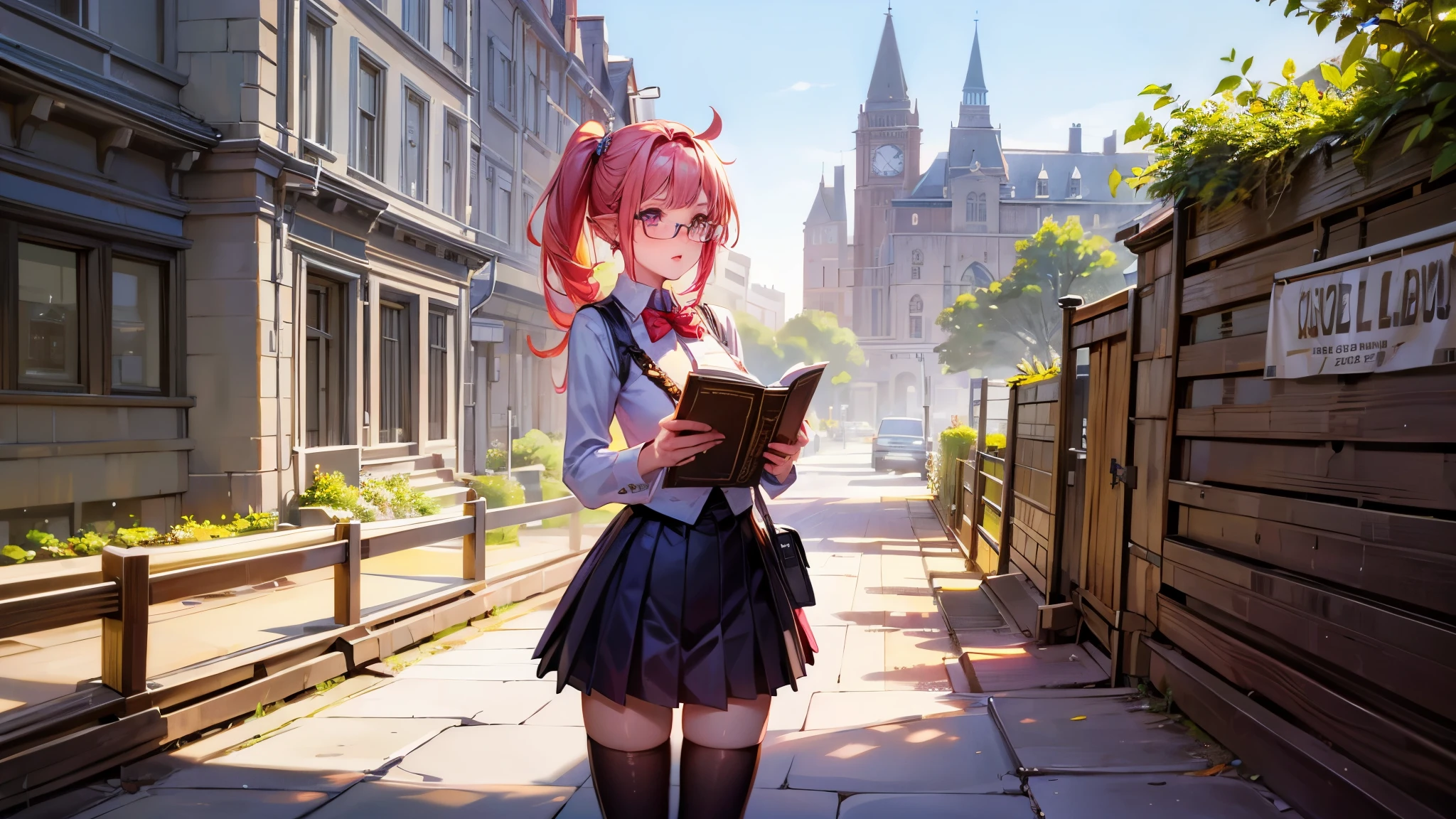 (Masterpiece, best quality), detailed, character sheet, many items (the same person, medieval royal clothes, magic academy uniform, blouse, skirt, glasses, reading glasses, white boots, many parts), athletic, busty, demon, demon girl, detailed beautiful purple eyes, detailed face, pointy ears, red hair and white skin, braided ponytail, demon horns, full of details.
