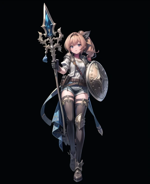 1girl, solo, shield, weapon, thighhighs, polearm, gloves, boots, long-hair, (((Medieval-background))), armor, brown-gloves, ponytail, orange-hair, full-body spear, ribbon, holding, simple-background, holding-weapon, looking-at-viewer, hair-ribbon, black-thighhighs, brown-footwear, smile, brown-eyes, shirt, yellow-eyes, standing, shorts, knee-pads, blue-ribbon, belt, shoulder-armor, white-shirt, vest, approximate image