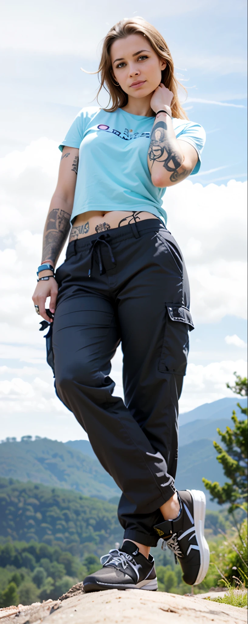 fit woman with tattoos on her arms and arms standing on a rock, 2 technological clothing women, photograph of a technological clothing woman, cargo pants. Cidade ciberpunk, technological clothing!! intrincado, Wide black pants, cargo pants, technological clothing fashion, technological clothing, technological clothing clothes, zirconium pants, Loose pants, technological clothing look and clothes
