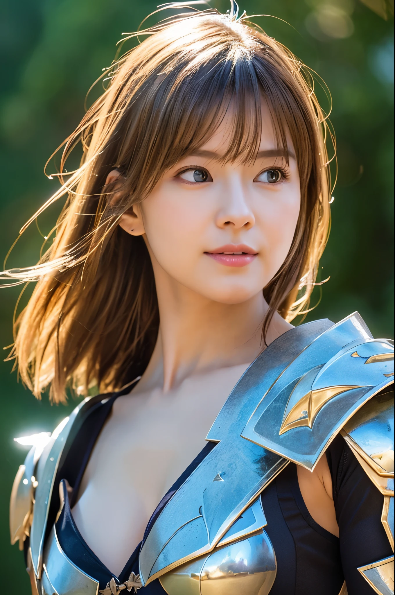 ((battle with monsters))、highest quality、masterpiece、ultra high resolution、(Photoreal:1.4)、RAW photo、1 girl、golden hair、glowing skin、(((1 Mechanical Girl)))、with a beautiful knife、(Blue Metal Bodysuit)、(beautiful forest background)、(battle with monsters)、(Small LED)、((Ultra realistic details))、vertical giant monster background),global illumination、Shadow、octane rendering、8k、super sharp、big breasts、The bare skin of the cleavage is exposed、Metal、intricate decorative details、Japan details、very intricate details、realistic light、Trends in CG society、red eyes、Eyes shining towards the camera、Mechanical vertebrae attached to back with mechanical edge blood vessels connected to neon details tubes、cervical vertebrae mechanically attached to the neck、(Wires and cables connecting to the head)、gundam、Small LED、,mechanical thighs、2 stocks、(Hands are also made of machineonster attack)、(injured in a deadly fight)、