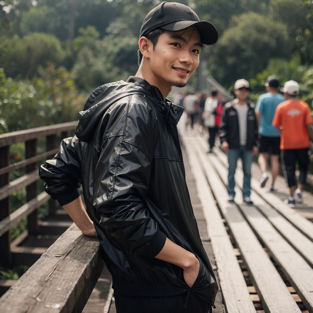 An Indonesian man with short hair wearing a baseball cap, wearing a Windbreaker Jacket top and black t-shirt and black pants, posing on a wooden bridge. He holds on to the railing and looks back at the camera with a smile. In the background, there are more people on a bridge and a lush green forest.