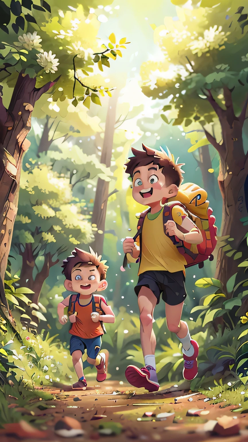 Poster design, (SFW), two running boys, spring outing, happy, backpack on back, forest in the background, perfect quality, clear focus, colorful, perfect face, intricate details, ultra-low viewing angle, wide angle lens
