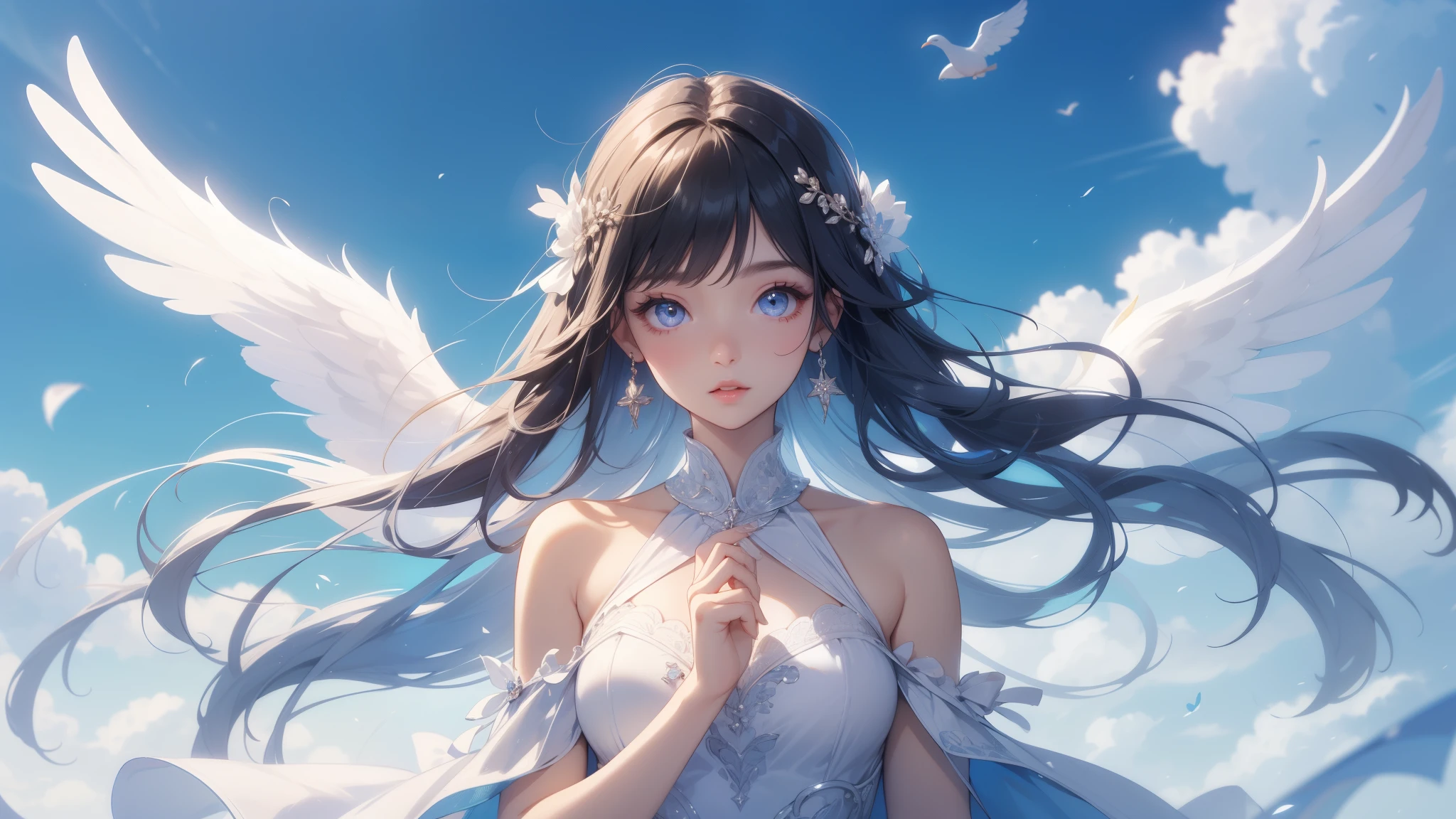 (high resolution、high quality、4kimage)、one girl、cute face、round face、Dreamy eyes、long eyelashes、Thin lips、angel ring、Fluffy angel costume、sky、blown by the wind、anatomically correct