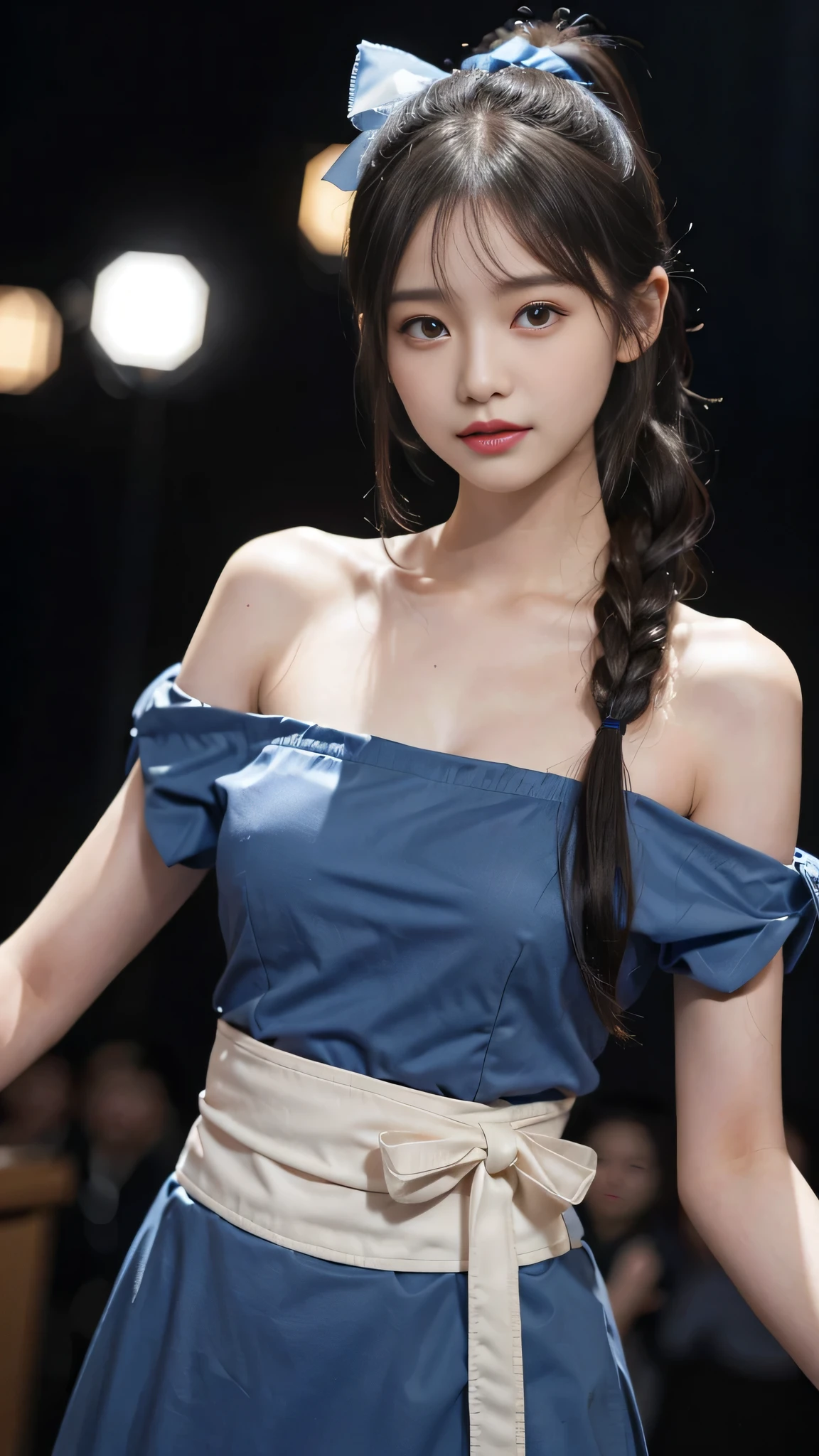 Close up face,standing on stage,Blue colored long dress with lots of ruffles,One woman,masutepiece, The highest image quality, High quality, the background is clear,Beautiful woman, Japanese, Detailed, Detailed eyes, Detailed skin, Beautiful skin, 超hight resolution, (reality: 1.4),Very beautiful woman, Slightly younger face, Beautiful skin, slender, (Ultra photo realsisim), (hight resolution), (8K), (Very detailed) (beautifully detailed eyes), (super detailed), (Detailed face), view the viewer, Fine details, Detailed face, Staring straight ahead, Staring straight ahead, photos realistic, Bright lighting, Professional Lighting, Black hair,poneyTail,a ,fifteen ye is ponytail,long ponytail hairstyle,slight smile,neat and tidy clothing,Beautiful Japanese KPOP idol photo, hair style is ponytail, my eyes are double and wide, baby face, smile and look ahead, slender, small breasts,Blue ribbon on head,Close up face,