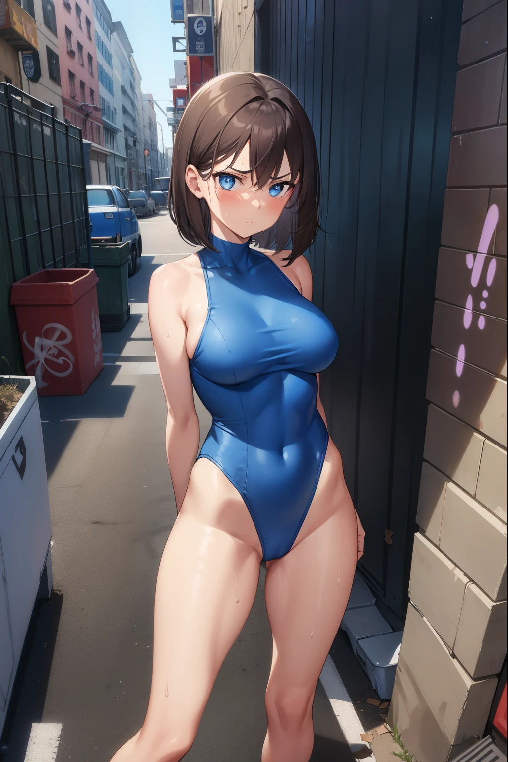 1 girl,Blue leotard,Super High Leg Cut,blue eyes,serious face,brown hair,bob hair,New York City,big breasts,blush,Sweat,barefoot,bare hands,thin,walk,embarrassing,put your hands on your hips,Are standing,Alley,Graffiti on the wall,Litter scattered,dark,Garbage can,cardboard,cowboy shot,dark,