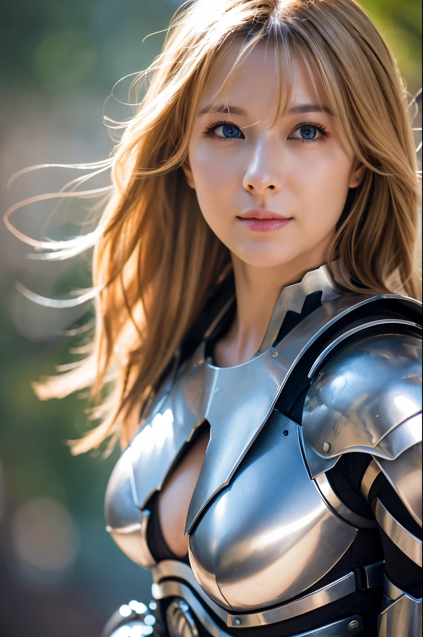 8K、Super detailed、masterpiece、highest quality、(very detailed)、blonde short bobヘアのAmerican Woman,dynamic angle、mysterious look、Wind effect、fantasyの背景、rim lighting、cinematic light、超A high resolution、8k,film grain、best shadow、delicate、born、particles of light、fine skin texture、Detailed armor texture、detailed face、Complexディテール、Super detailedな、shine、strong fraud、silver armor、big and full ,Scapula、shining eyes、 long cloak、fantasy、(bornきbornきとした)、shoulder armor、Complex、Complex、perfect lighting、looking at the viewer、movie lighting、holy light、wonderful、bangs、the wind is strong、frozen mountain々々、lich queen,,attractive,blonde short bob,精密な装飾が施された胸部アーマー,perspective from above,smile,胸元,Violent and strongly cracked abdominal muscles,emphasize cleavage,dynamic  pose,American Woman,blue eyes,衣装,show cleavage,