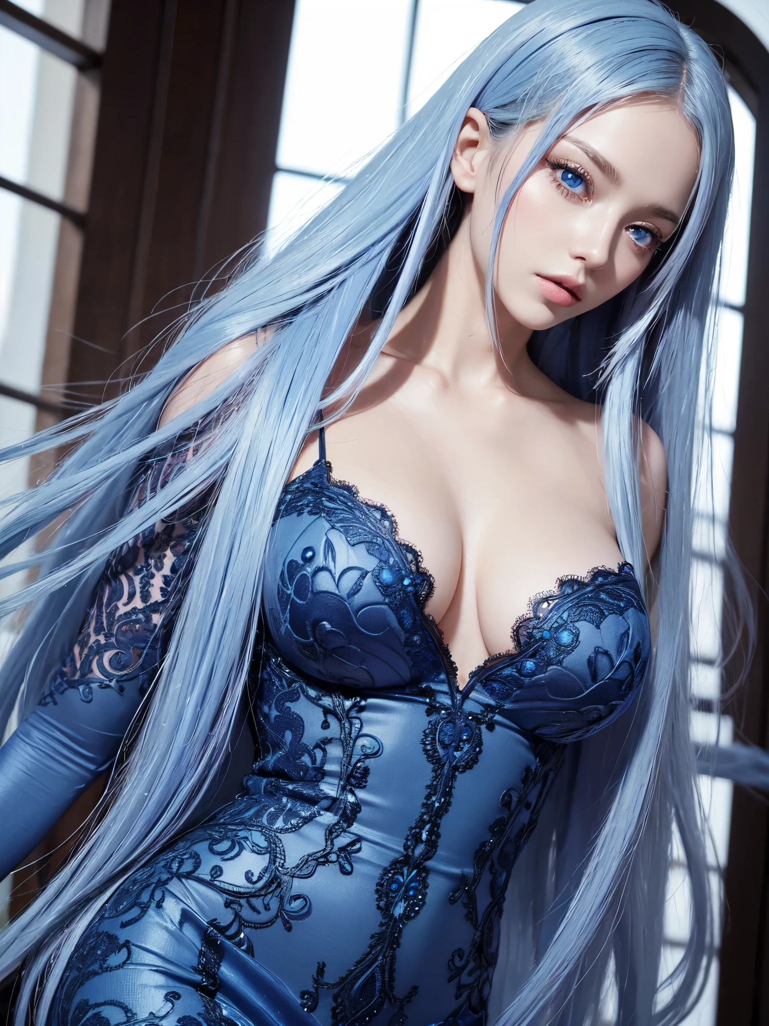 masterpiece, best quality, beautiful young woman, big shiny blue eyes, (detailed pupils:1.2), eyelash, very long blue hair, streaked hair, medium hair, perfect face, detailed, cobalt lace dress, full body, full body view