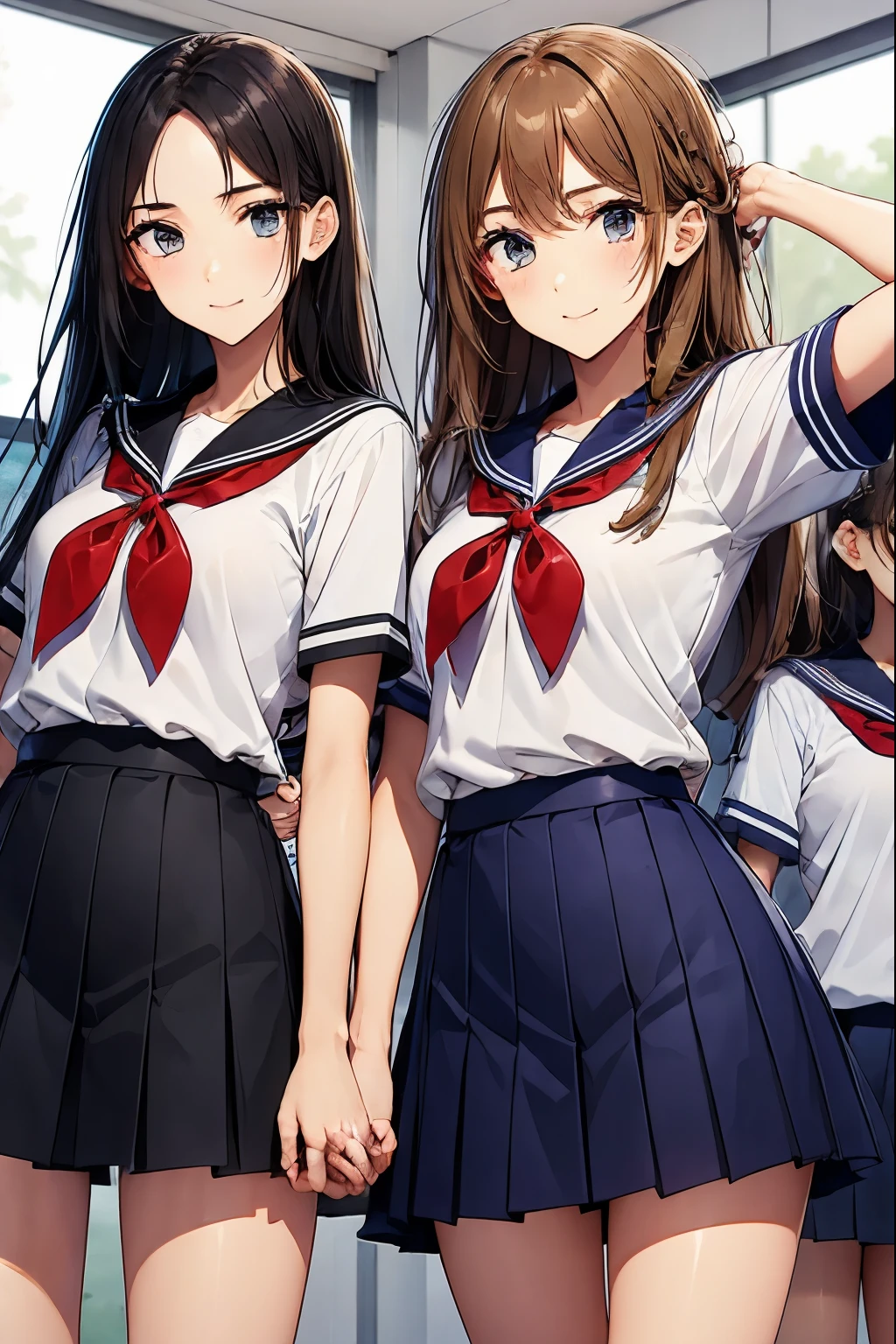 High school girls standing with their arms around each other in the classroom、seductive smile、