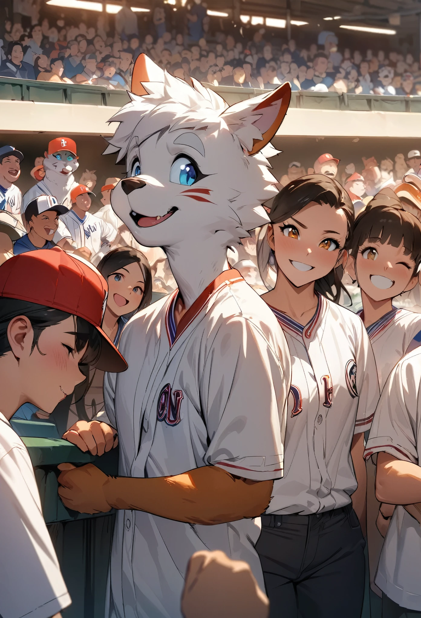 top quality, best quality, High-quality illustrations, masterpiece, super high resolution, detailed background, detailed background, Watching Baseball, group shot, 6+boys, 6+girls, Happy, joyful, absurdres(highly detailed beautiful face and eyes)perfect anatomy(Photos taken with friends)(kemono, furry anthro),