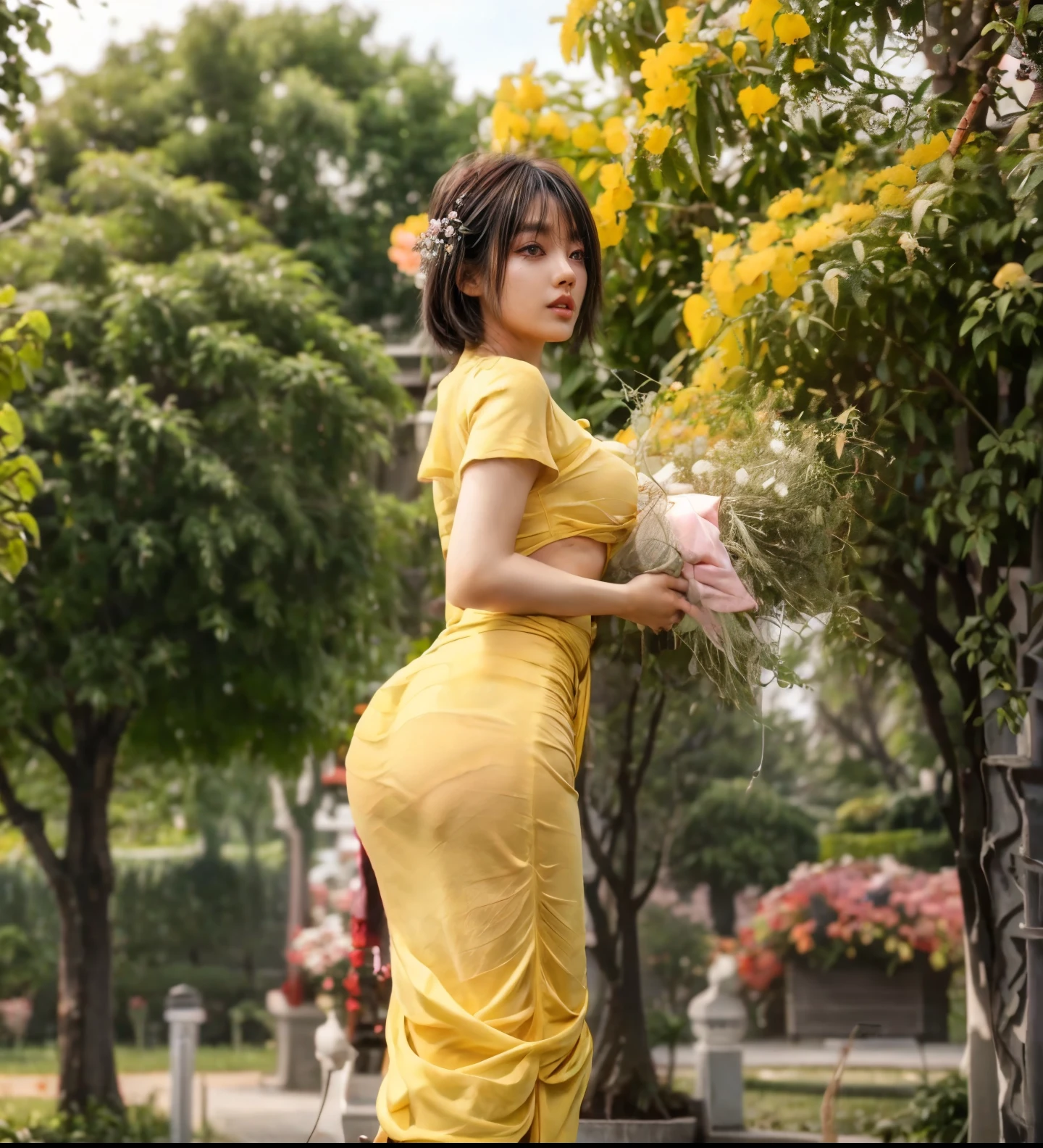 1 beautiful woman taking pictures on the grass of the villa,RAW photos,tmasterpiece,(highdetailskin:1.2),8k ultra high definition,digital SLR camera,gentlesoftlighting,high high quality,filmgrain,Fuji XT3,20 years old Asian woman,Wear simple clothes,(pink long tight skirt:1.2 and long skinny jeans:0.7,Detailed clothing details:1.3),perfect body figure,Perfect breasts and nipple bulge,The legs are straight and slender,Branded stylish shoes:0.6,Super detailed facial details and skin,Fair pink face and skin,The skin is pink,with light glowing,double eyelid,Super detailed eyes,(Gloss on lips, eyeslashes, Glossy face, Best quality, Super high resolution, warm color,Wide lighting, naturalshadow),taken from behind, Show off your beautiful body, Full body shooting: 1.8,
emphasize round ass, accentuate round ass,
produding ass,acmm wear,acmm,
printed pink long tight skirt,back view, standing,