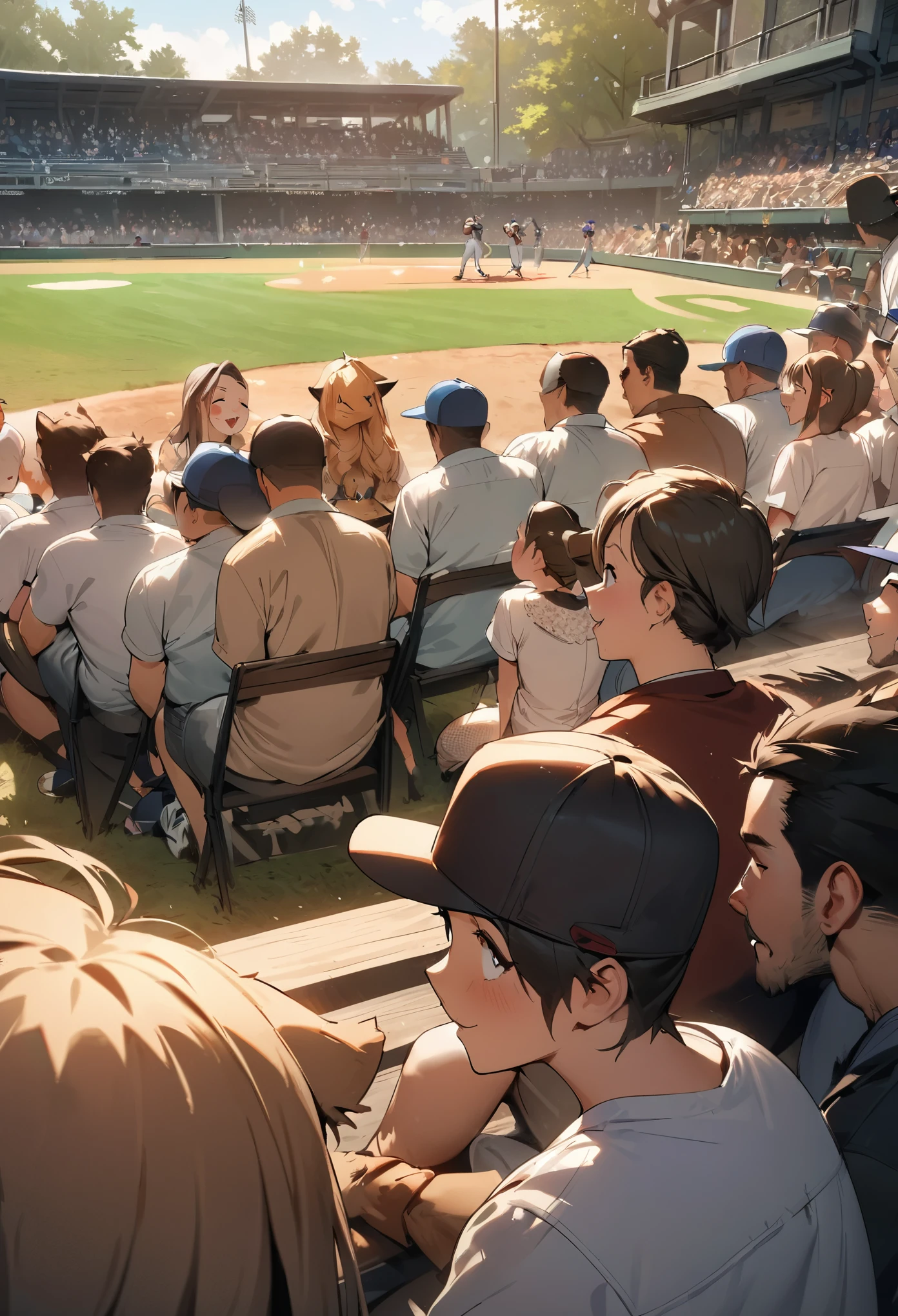 top quality, best quality, High-quality illustrations, masterpiece, super high resolution, detailed background, detailed background, Watching Baseball, group shot, 6+boys, 6+girls, Happy, joyful, absurdres(highly detailed beautiful face and eyes)perfect anatomy(Photos taken with friends)(kemono, furry anthro),