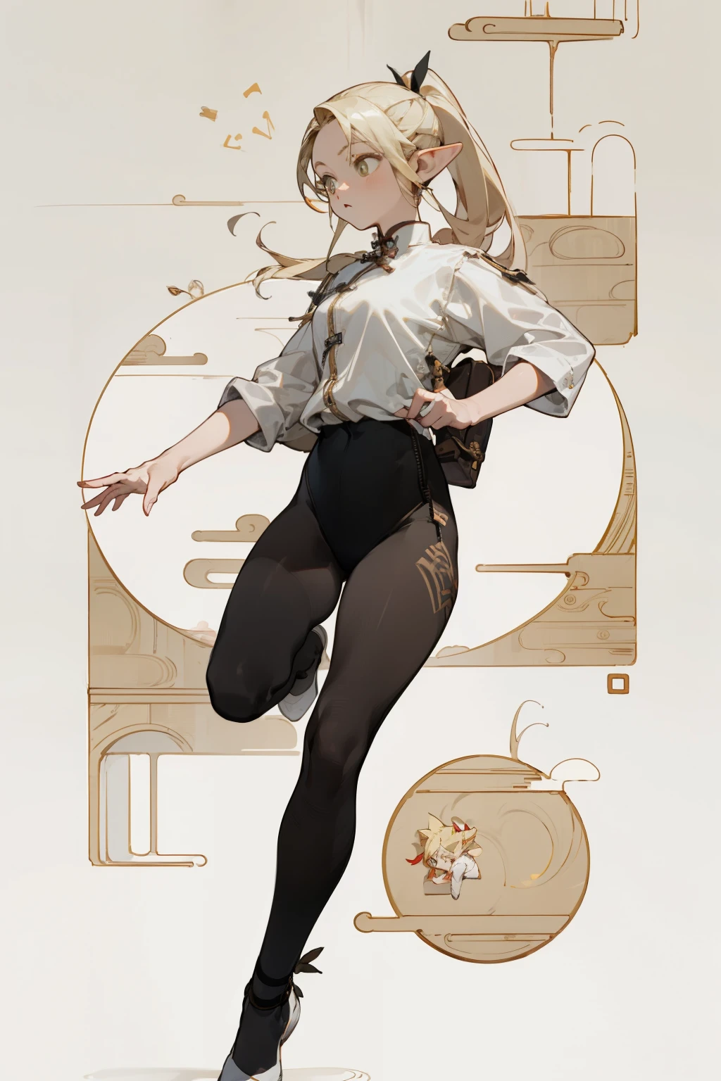 (masterpiece, best quality) detailed, Wearing black tights, silver accessories , The zipper is not closed , Blonde ,elegant, Pointed ears ，whole body，Chinese element pattern，thigh，漏出thigh，White shirt