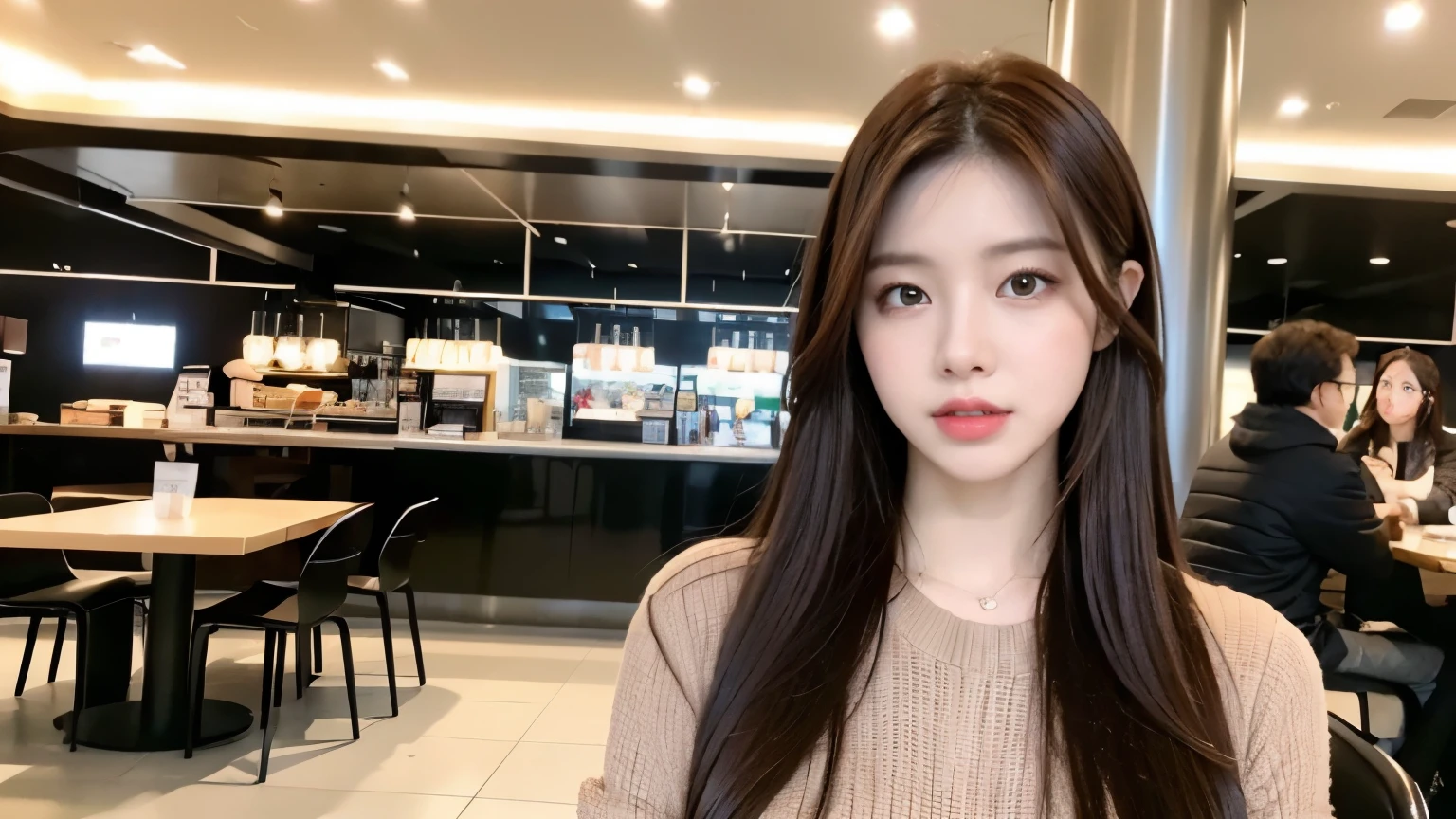 ((realistic lighting, best quality, 8K, master piece:1.3)), sharp focus:1.2, 1 girl, beautiful woman with perfect figure:1.2,  ((dark brown hair)), (Leisure Set:1.2），A stylish cafe at the airport，Extra-fine face，fine eyes，double eyelid，