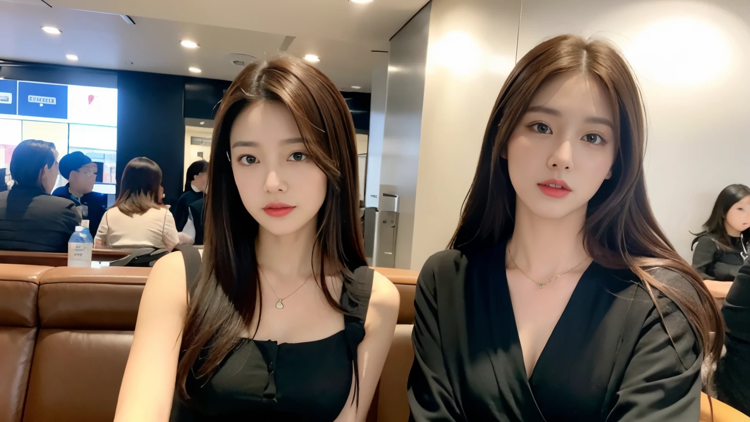 ((realistic lighting, best quality, 8K, master piece:1.3)), sharp focus:1.2, 1 girl, beautiful woman with perfect figure:1.2, ((dark brown hair)), (Leisure Set:1.2),A stylish cafe at the airport,Extra-fine face,fine eyes,double eyelid,