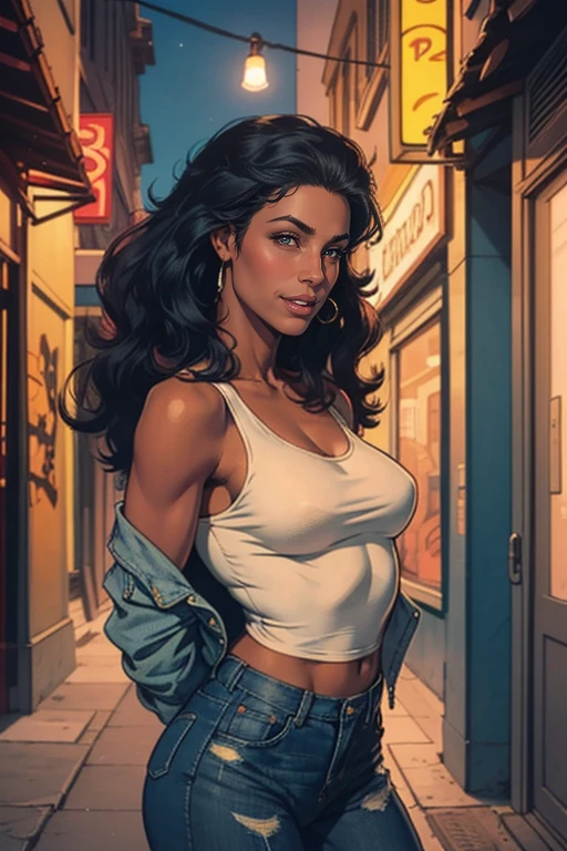 cute black woman, long curly dark hair, ((dark skin)), black skin, woman in a New York alley, shops, illuminated signs, night, graffiti, tight light blue jeans, jeans jacket, tank top pulled up over tits, ((small breasts)), arms behind back, Looking up,upper body shot, full color picture, full color picture, vibrant colors, realistic animation style, very detailed, very detailed, high detailed textures, depth of field,