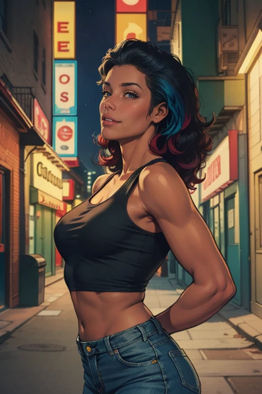 score_9, score_8_up, score_7_up, BREAK, score_9, smile, dark skin, LauraStory, asymmetrical hair, cornrows, green cropped shirt, underboob, denim shorts, panty straps, looking at viewer, cowboy shot, ass, from behind, sky, city