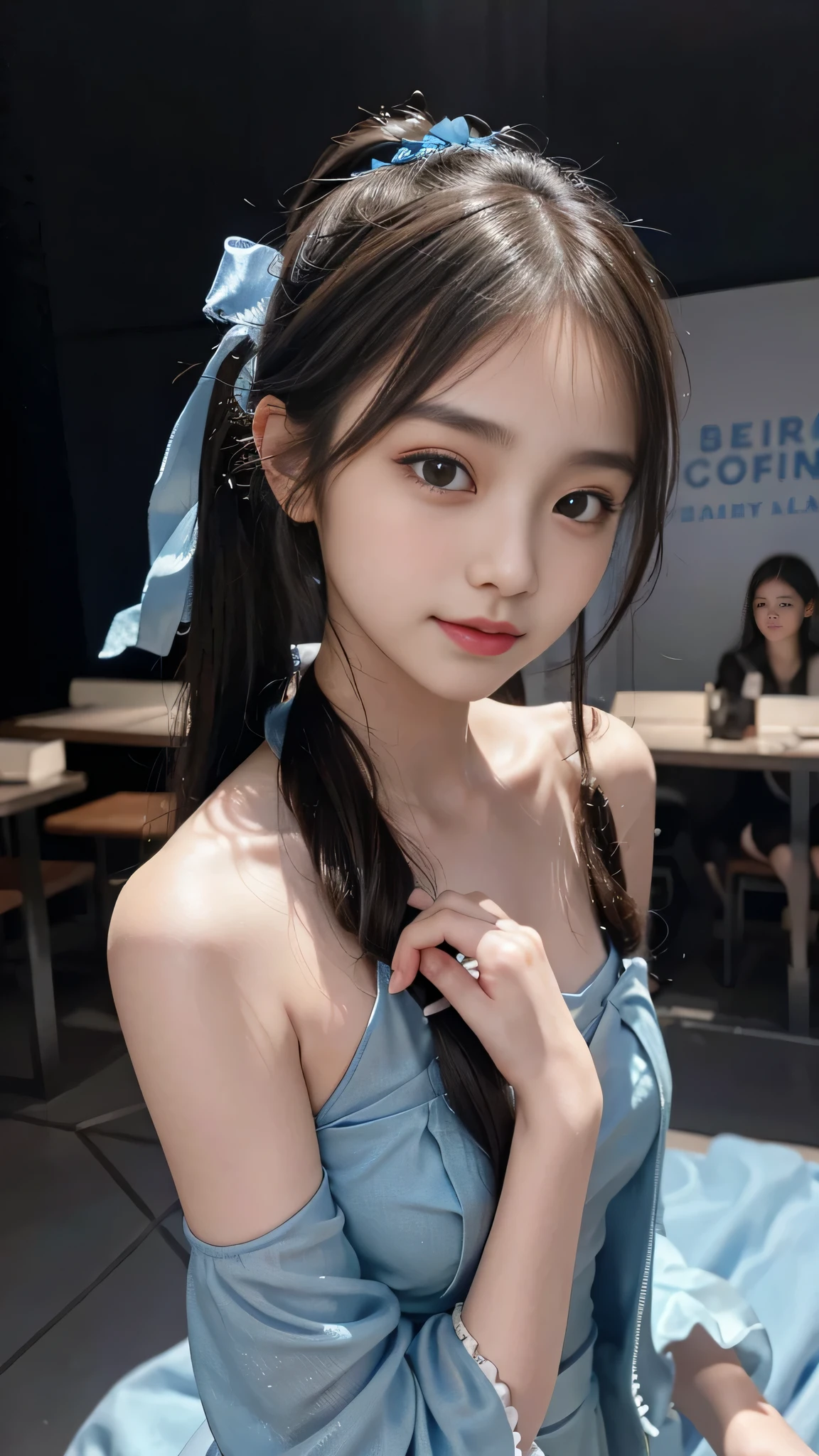 Close up face,standing on stage,Blue colored long dress with lots of ruffles,One woman,masutepiece, The highest image quality, High quality, the background is clear,Beautiful woman, Japanese, Detailed, Detailed eyes, Detailed skin, Beautiful skin, 超hight resolution, (reality: 1.4),Very beautiful woman, Slightly younger face, Beautiful skin, slender, (Ultra photo realsisim), (hight resolution), (8K), (Very detailed) (beautifully detailed eyes), (super detailed), (Detailed face), view the viewer, Fine details, Detailed face, Staring straight ahead, Staring straight ahead, photos realistic, Bright lighting, Professional Lighting, Black hair,poneyTail,a baby face,fifteen years old,Hairstyle is ponytail,long ponytail hairstyle,slight smile,neat and tidy clothing,Beautiful Japanese KPOP idol photo, hair style is ponytail, my eyes are double and wide, baby face, smile and look straight ahead, slender, small breasts,Blue ribbon on head,Close up face,