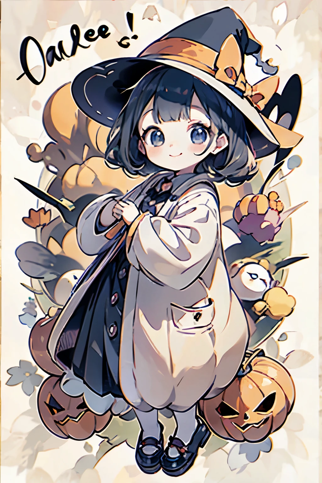 cute halloween theme、Full body Esbian、Eyes up、smile、wave hands、glamorous hat、Halloween Accessories、Draw clothes buttons and pockets in a Halloween style、Cute Shoes、baby face