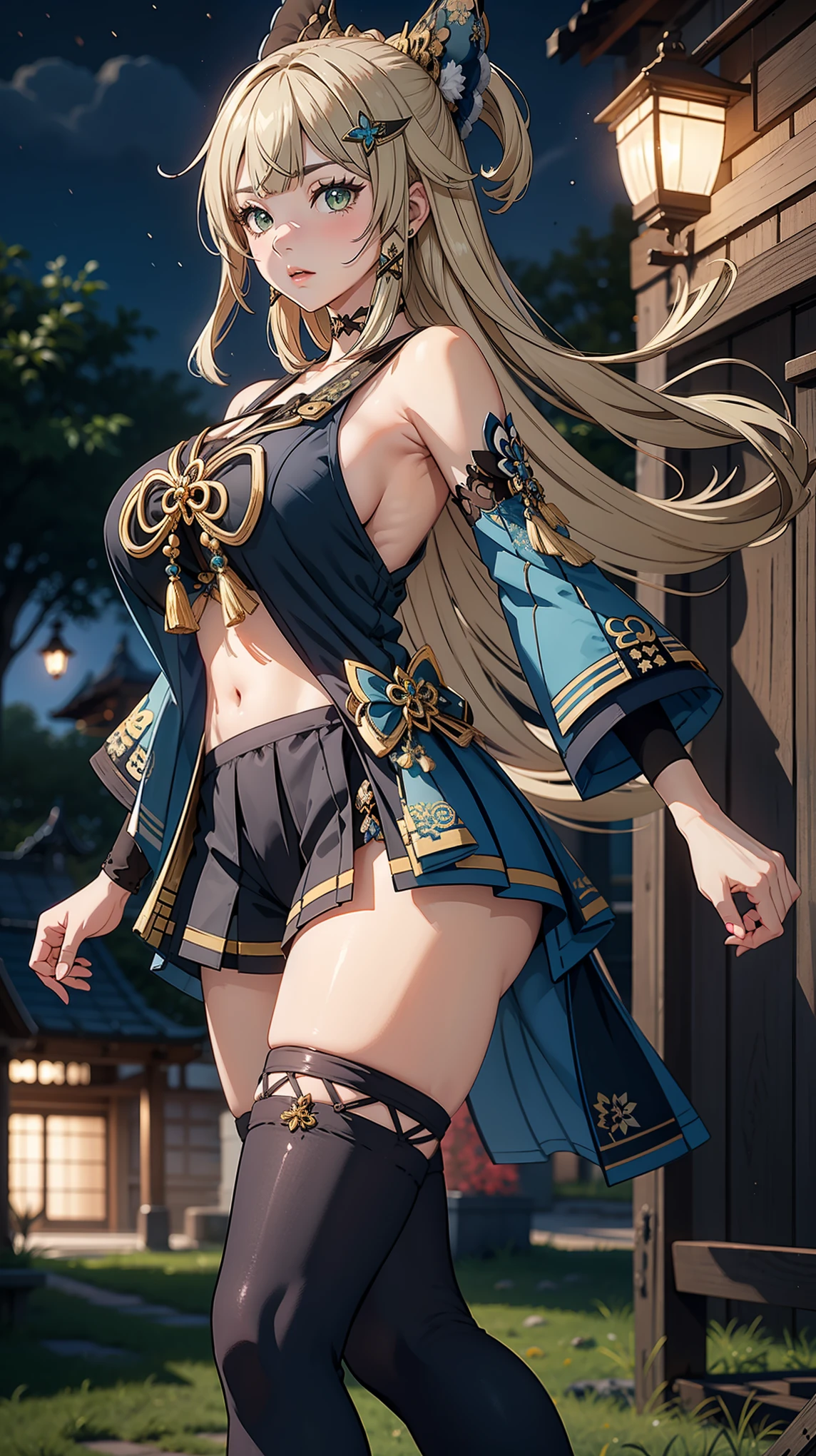 Masterpiece, high quality, blurry background, hd, 4k, night,kiraradef, (gigantic breasts), outdoors, standing, blush, looking at viewer, dynamic poses, 