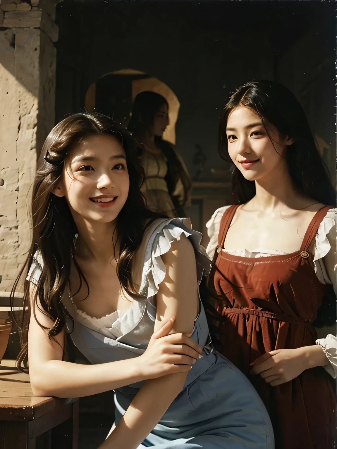 full body portrait or statue、Giorgione painting style,Arguments of two female Philosophe,math、astronomical machine、astronaut、roses in vase、fruits、Cute trinkets、smile、ancient greek costume、Ancient Roman landscape in the style of Nicolas Poussin,laughter,,Sweet and seductive appearance.、Caravaggio's paintings、Chiaroscuro of Caravaggio、hair tousled by the wind,Two women frolicking,cute smile, expression of ecstasy,Sexy,erotic