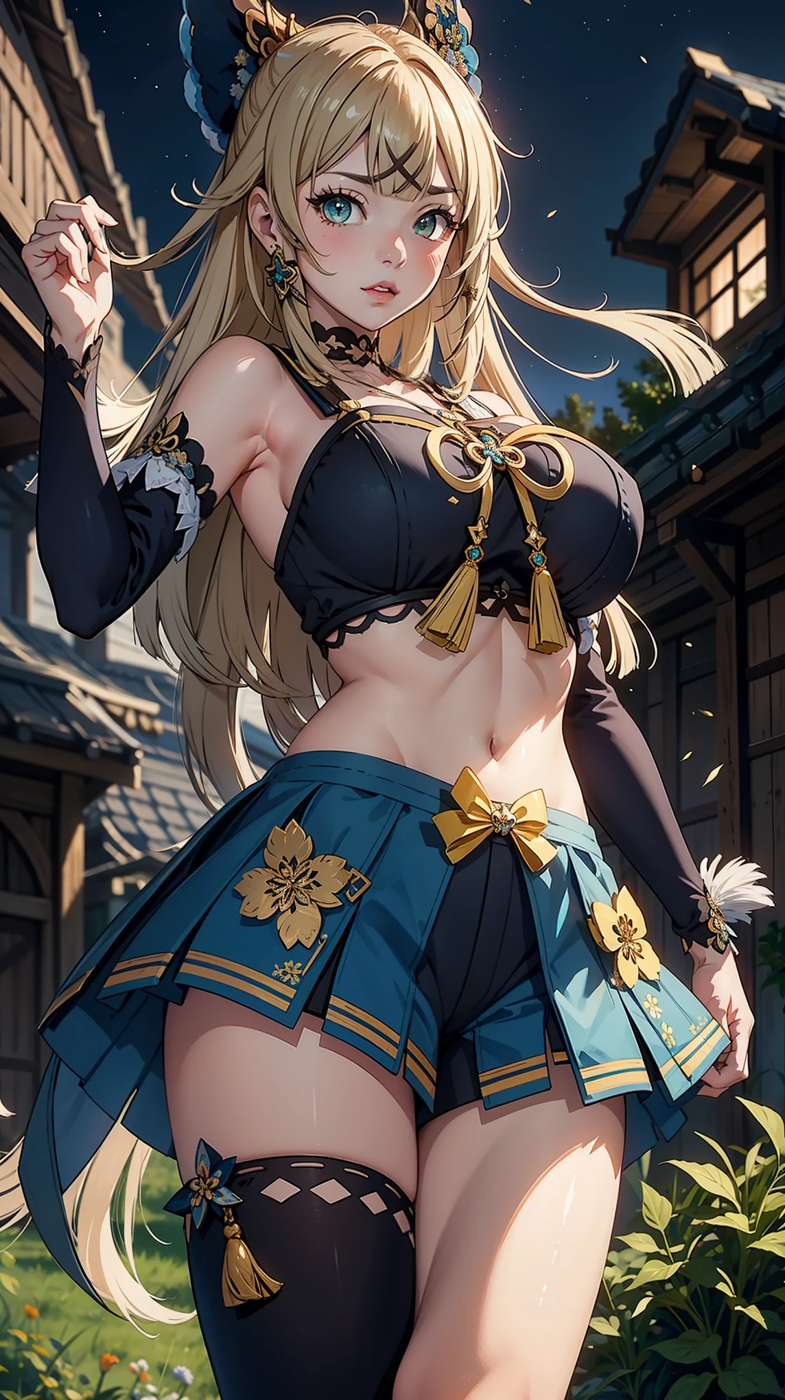 Masterpiece, high quality, blurry background, hd, 4k, night,kiraradef, (gigantic breasts), outdoors, standing, blush, looking at viewer, dynamic poses, 