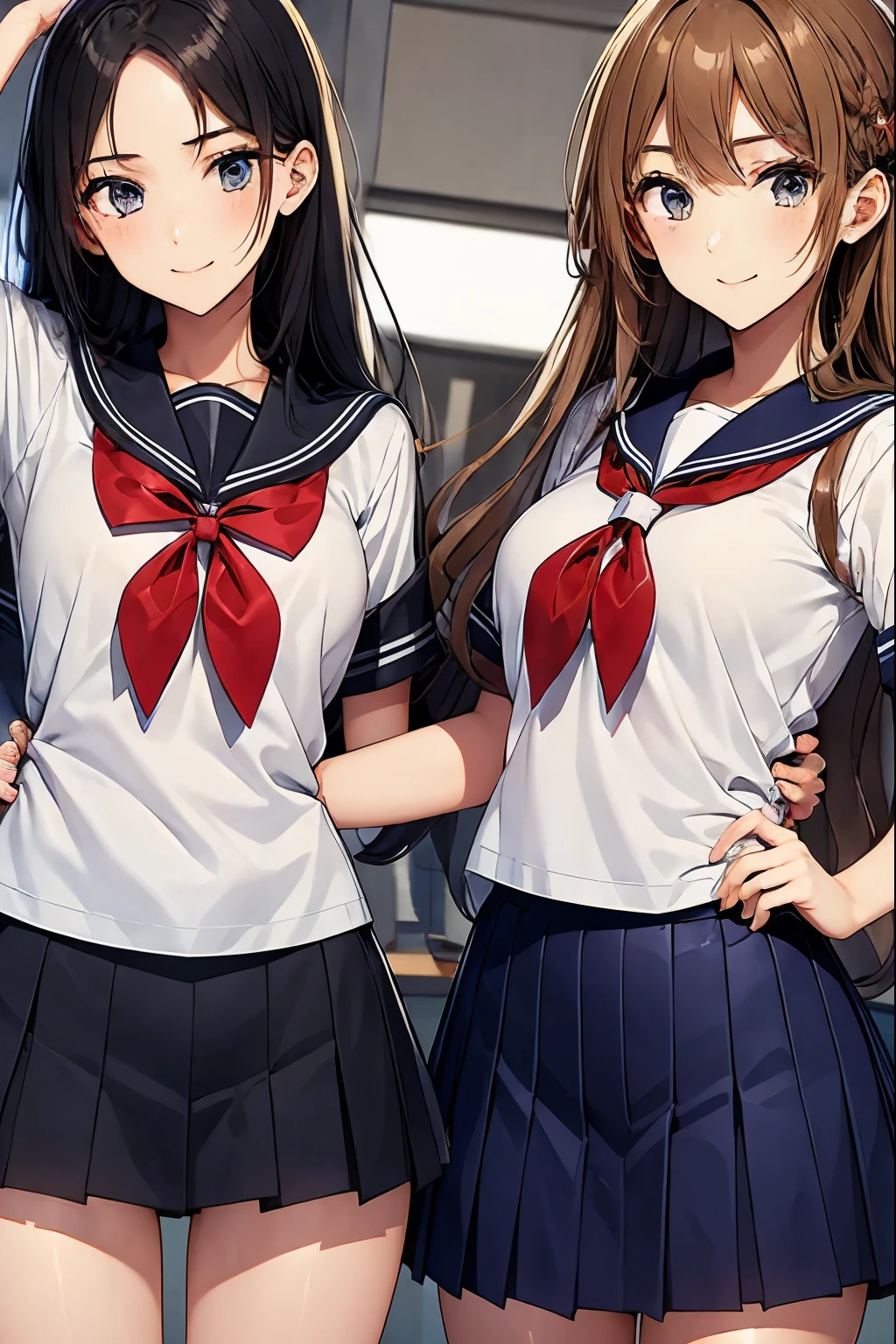 High school girls standing with their arms around each other in the classroom、seductive smile、