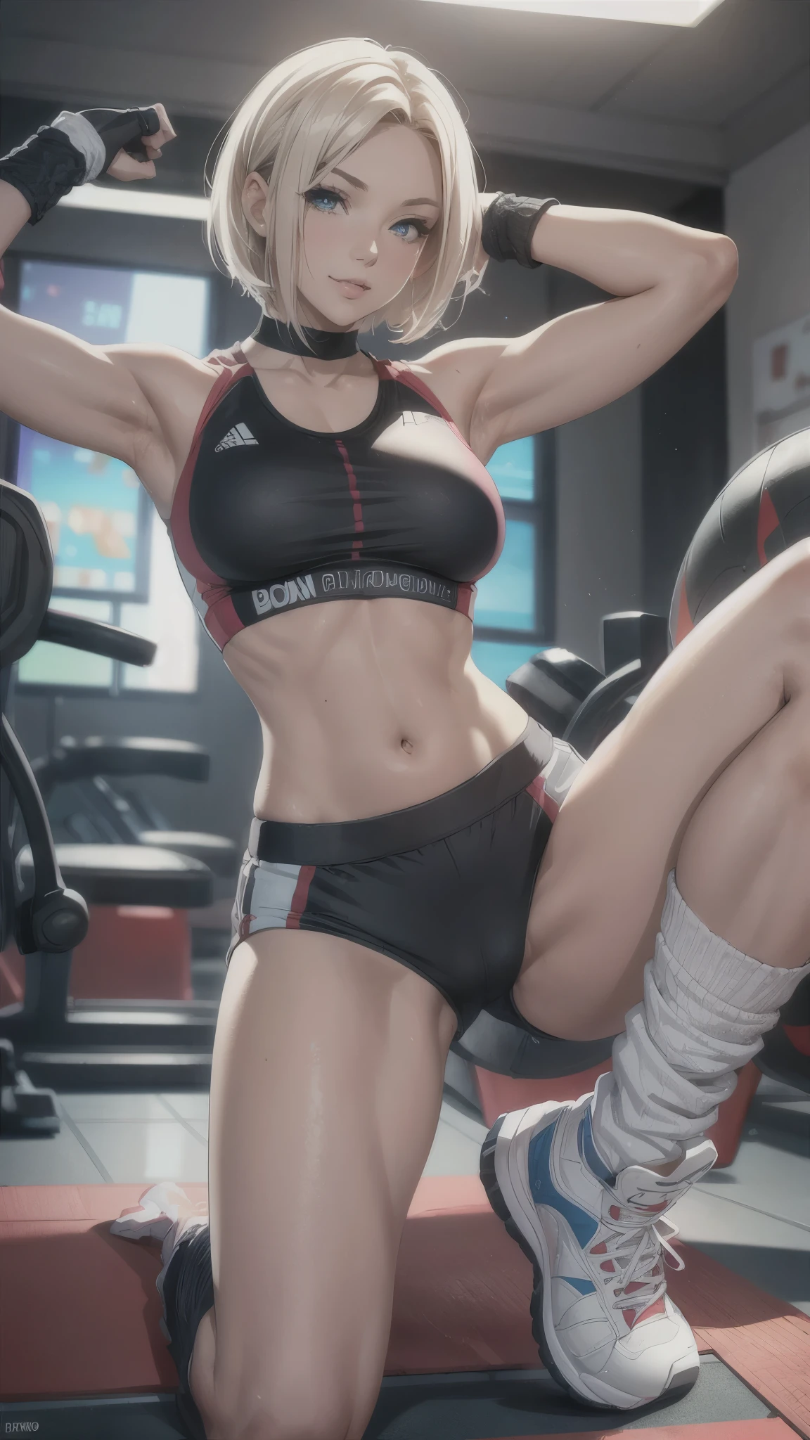 (best quality,4k,8k,highres,masterpiece:1.2),ultra-detailed,(realistic,photorealistic,photo-realistic:1.37),full body,beautiful detailed eyes,beautiful detailed lips,extremely detailed eyes and face,longeyelashes,lean and fit body,confident smile,energetic pose,attractive appearance,colorful background,vibrant colors,studio lighting,bokeh,female artist,professional,blonde short bob hair,((forehead band)),aerobics instructor,grin,sweat,active lifestyle,sporty look,sports bra,shorts,((socks,race-up-long-boots)),flexible movements,slenderness body,shiny texture,sculpted figure,progressive fitness environment,positive attitude,healthy glow,fitness motivation,dedicated trainer