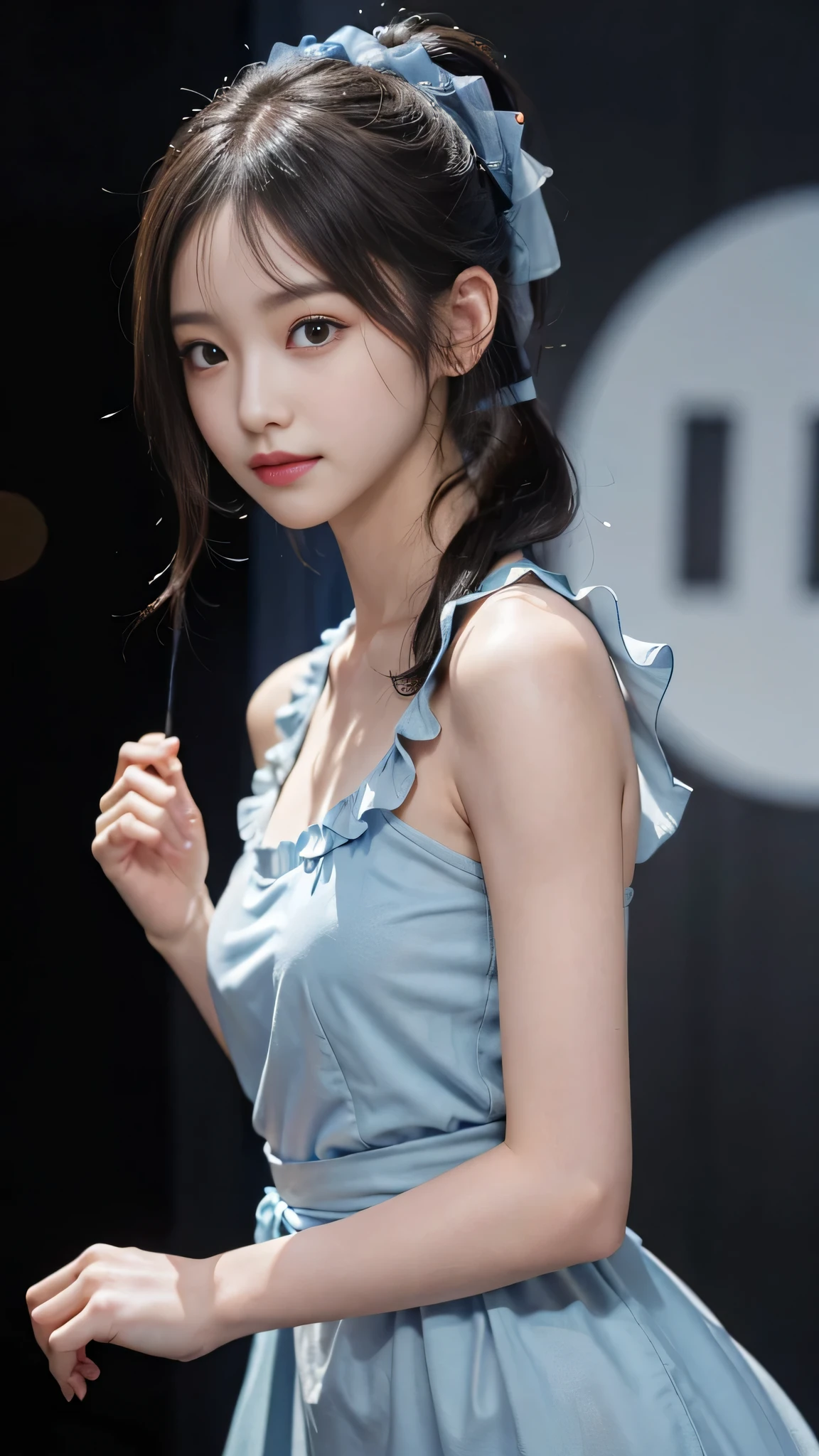 Close up face,standing on stage,Blue colored long dress with lots of ruffles,One woman,masutepiece, The highest image quality, High quality, the background is clear,Beautiful woman, Japanese, Detailed, Detailed eyes, Detailed skin, Beautiful skin, 超hight resolution, (reality: 1.4),Very beautiful woman, Slightly younger face, Beautiful skin, slender, (Ultra photo realsisim), (hight resolution), (8K), (Very detailed) (beautifully detailed eyes), (super detailed), (Detailed face), view the viewer, Fine details, Detailed face, Staring straight ahead, Staring straight ahead, photos realistic, Bright lighting, Professional Lighting, Black hair,poneyTail,a baby face,fifteen years old,Hairstyle is ponytail,long ponytail hairstyle,slight smile,neat and tidy clothing,Beautiful Japanese KPOP idol photo, hair style is ponytail, my eyes are double and wide, baby face, smile and look straight ahead, slender, small breasts,Blue ribbon on head,Close up face,
