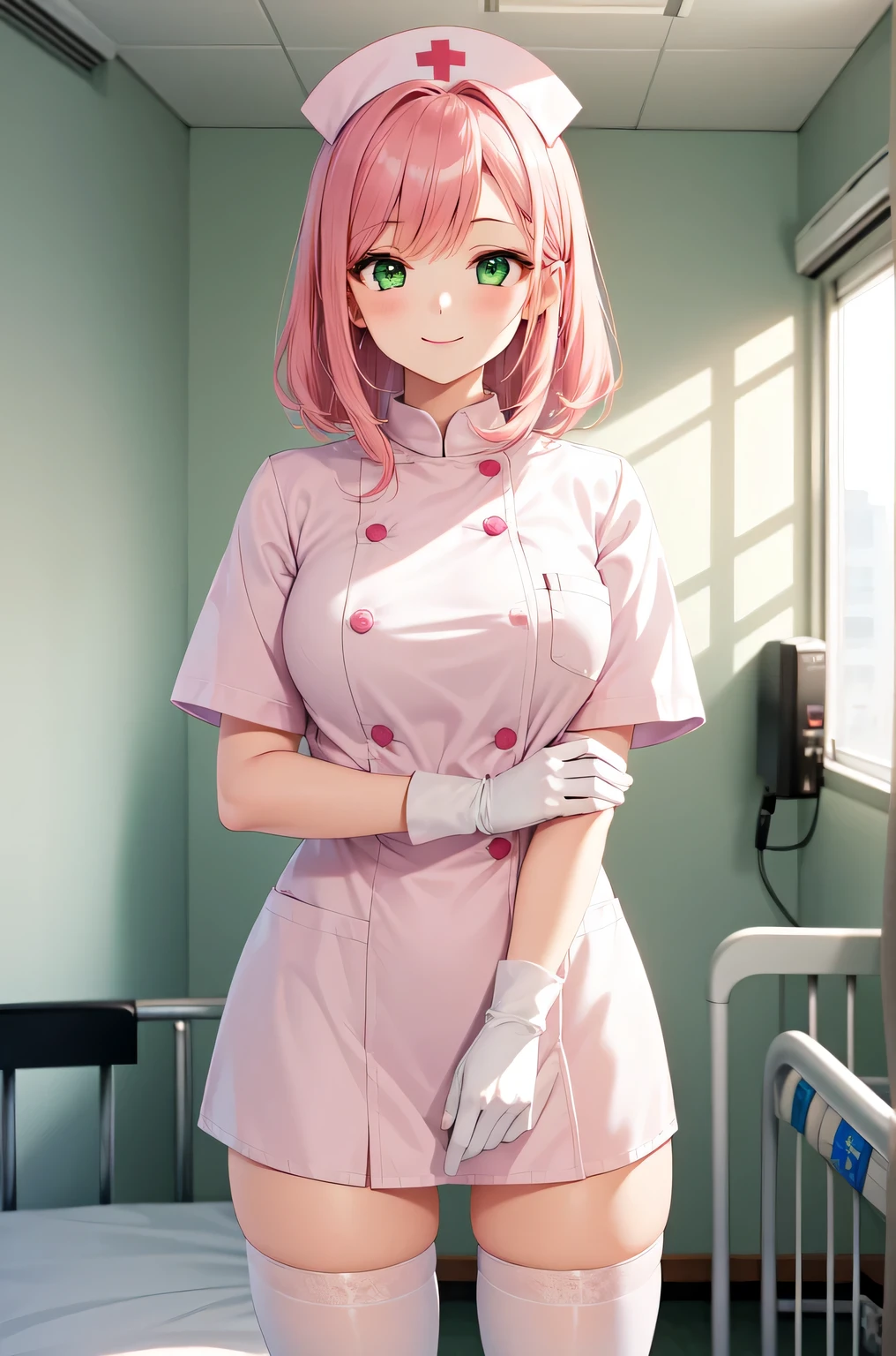 1girl, solo, nurse, white nurse cap, white nurse uniform, ((white legwear, zettai ryouiki)), white gloves, pink hair, green eyes, drooping eyes, smile, standing, ((hospital room)), sharp outline, short sleeves, best quality, masterpiece