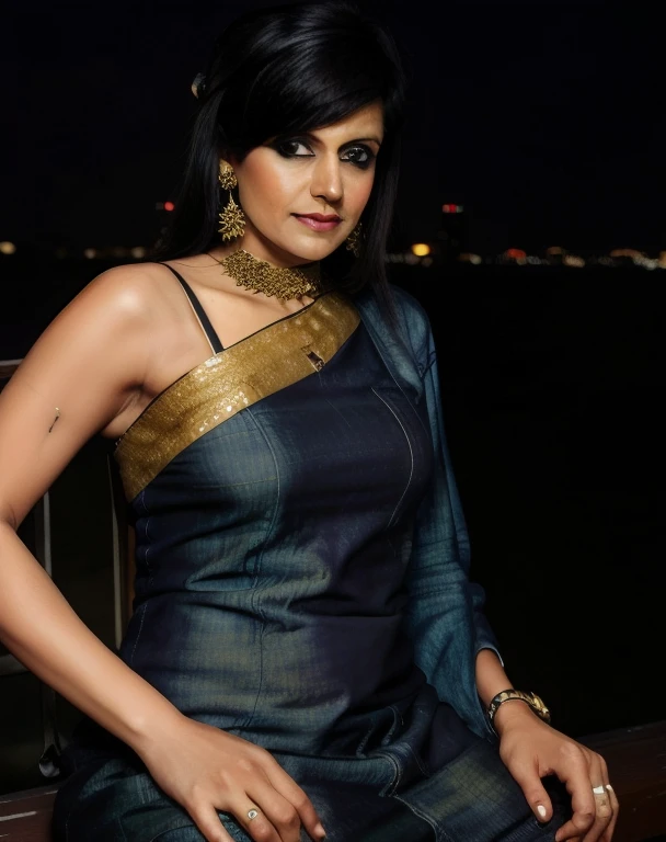 a photo of a 30-year-old woman, mdra, professional portrait photo,high neck kurta_with_Jeans, solo, night time, city bokeh lights