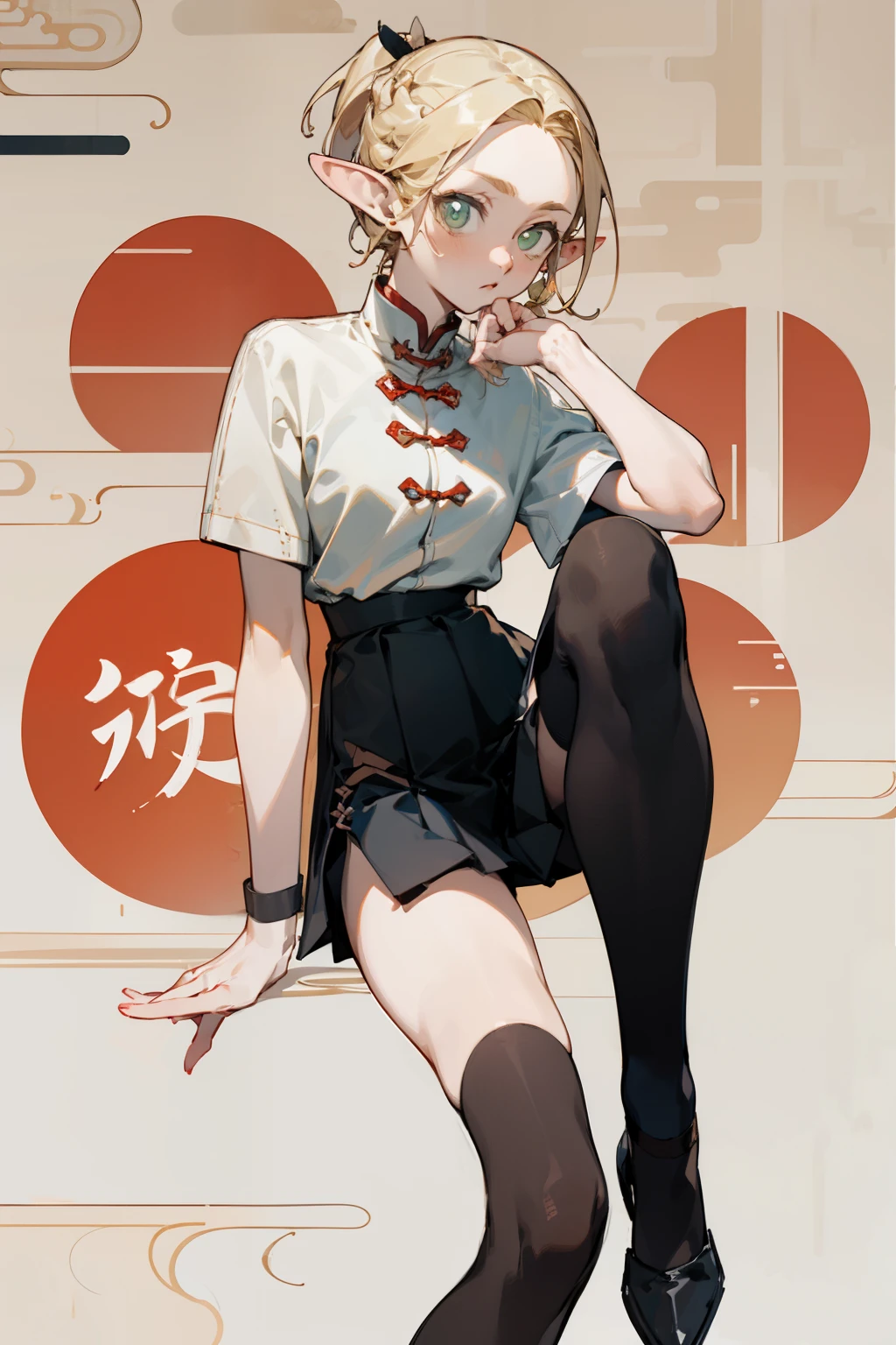 (masterpiece, best quality) detailed, Wearing black tights, silver accessories , zipper unzipped , bionde ,elegant, pointed ears ,Chinese element pattern,thigh,Leaking thigh,White shirt,torn clothes,Alphonse Mucha's
