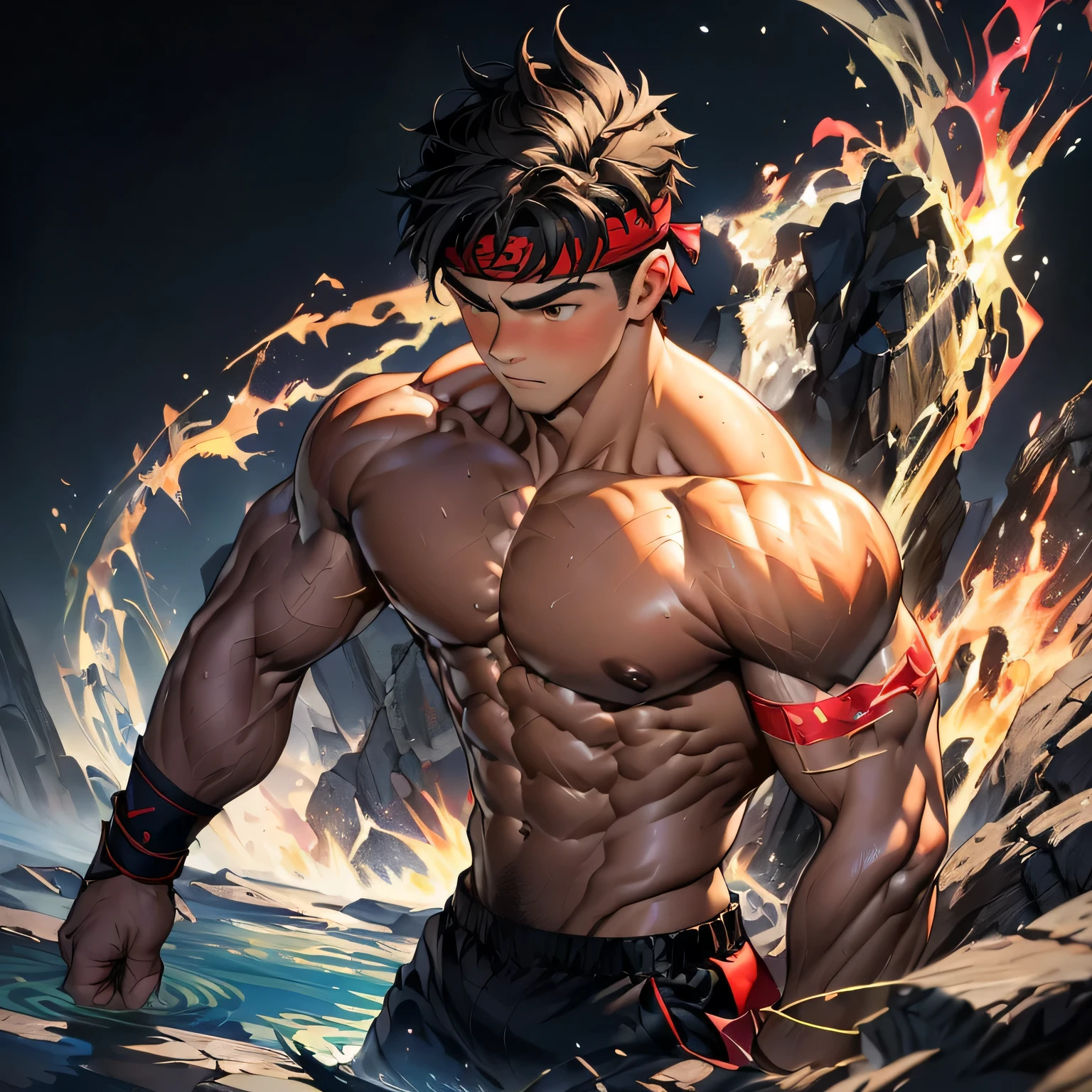 (Masterpiece, Best quality 19 year old boy, black background, looking away), solo, Young, boy, muscler, Shirtless, topless, (Dark Short straight hair, under cut, brown eyes), (red headband, ((black wristband))), Vivid colors, (hot Abs:1.2, abs!, big abs, big breast:1.2, chest!, muscler upper arms), (topless male), muscler!, muscler body, (aura power:1.4), detailed face, detailed muscle, serious, (((A magical mystical aura, powerful, action, rippling muscles, fighting)))